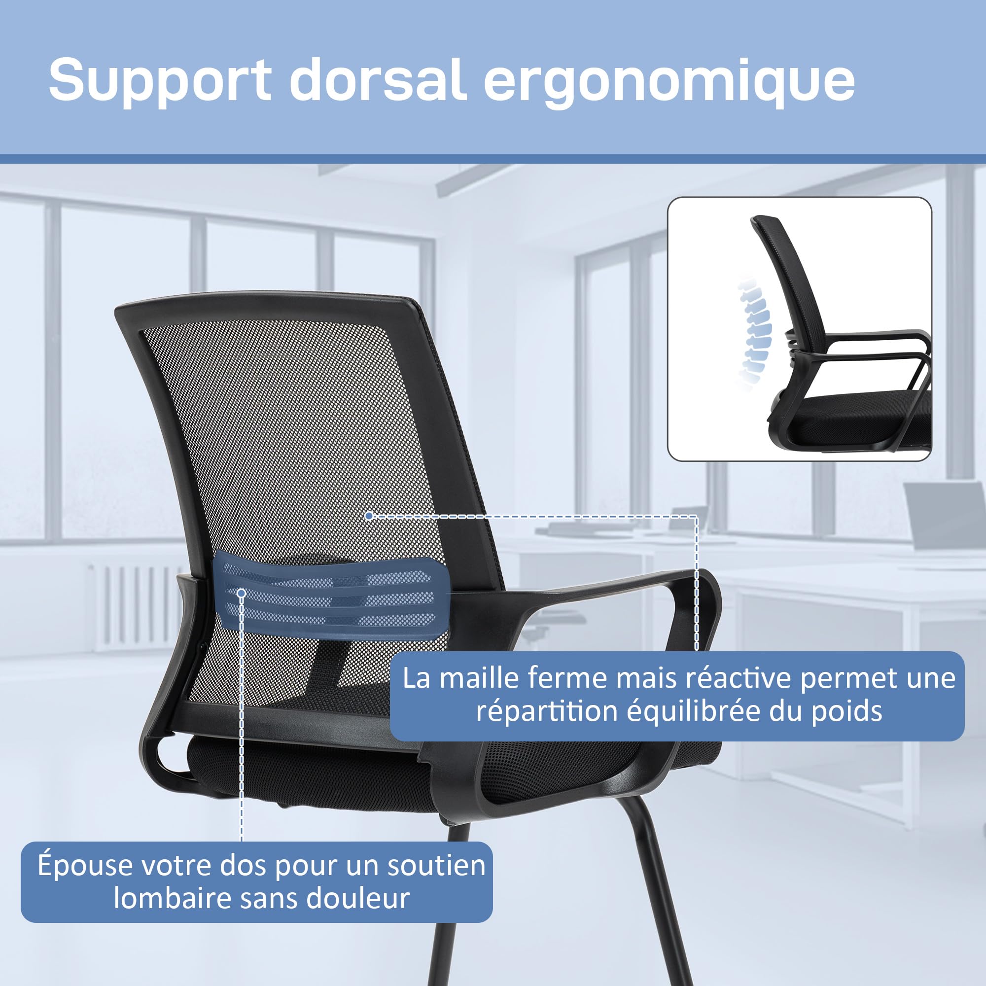 HOMCOM Sedia da ufficio a rete Sedia da ufficio senza rotelle, sedia ergonomica per riunioni con base a slitta, per sale conferenze, camere da letto, aree d'attesa, aree di ricevimento, nera