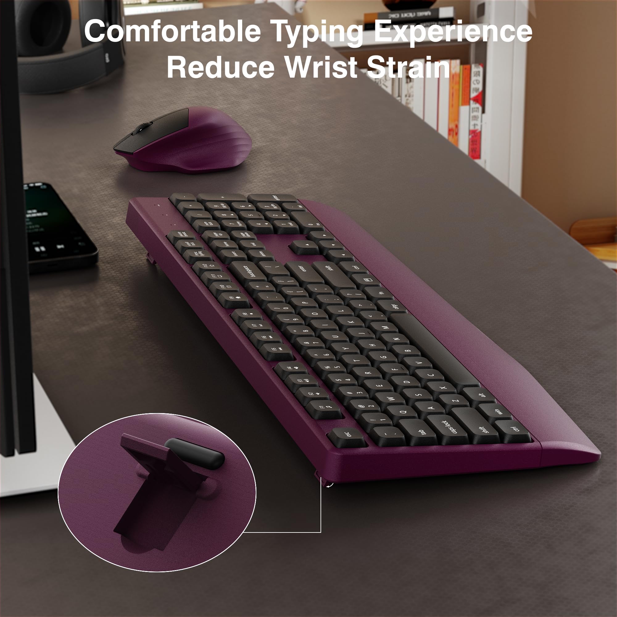 Links9+ Tastiera e mouse wireless Combo, full-size 104 tasti, 2,4 GHz, tastiera wireless con poggiapolsi e mouse wireless per Windows, Mac OS PC/computer/laptop/desktop (bordeaux)