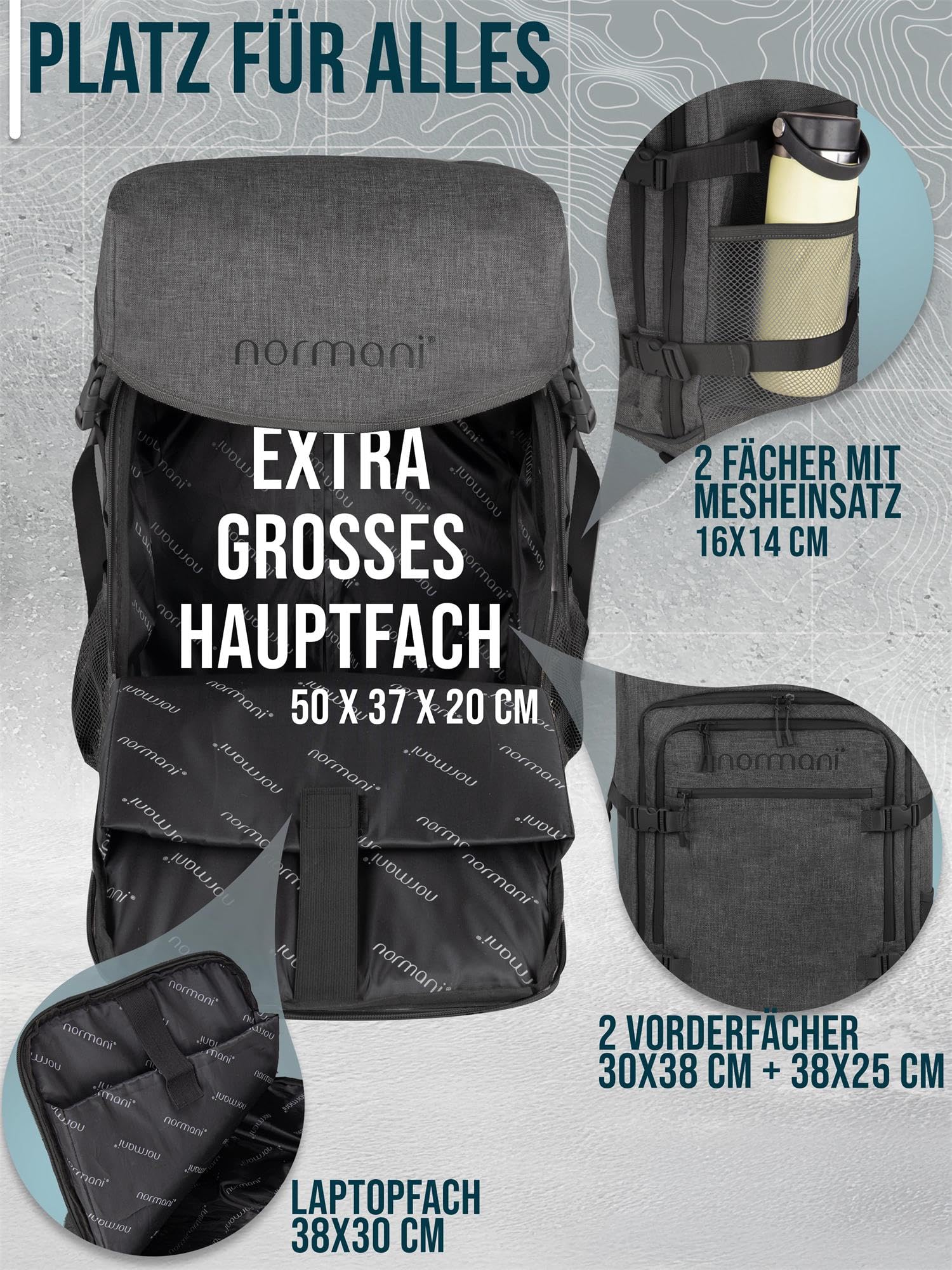 normani Backpacker Reisetaschen-Rucksack Reiserucksack mit Trolleyfunktion mit Frontloader und Handgepäck-maßen 50x37x20 cm - Cabin Bag 37 L Volumen auf 3 Fächer Farbe Grau Größe 50 x 37 x 20 cm