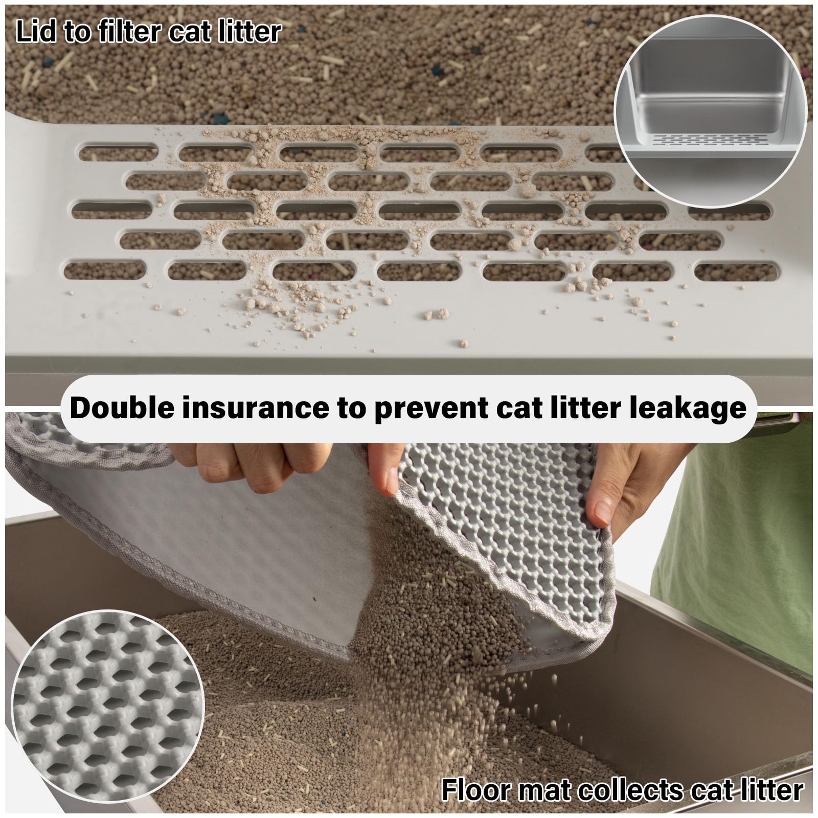 2PCS XL Stainless Steel Cat Litter Box with Lid,Metal Litter Box High Sides for Big/Multiple Cats,Open Design,Indoor,1-Mat and 1-Scoop,Easy to Clean, No Odor,Anti-Urine Leakage - image 7
