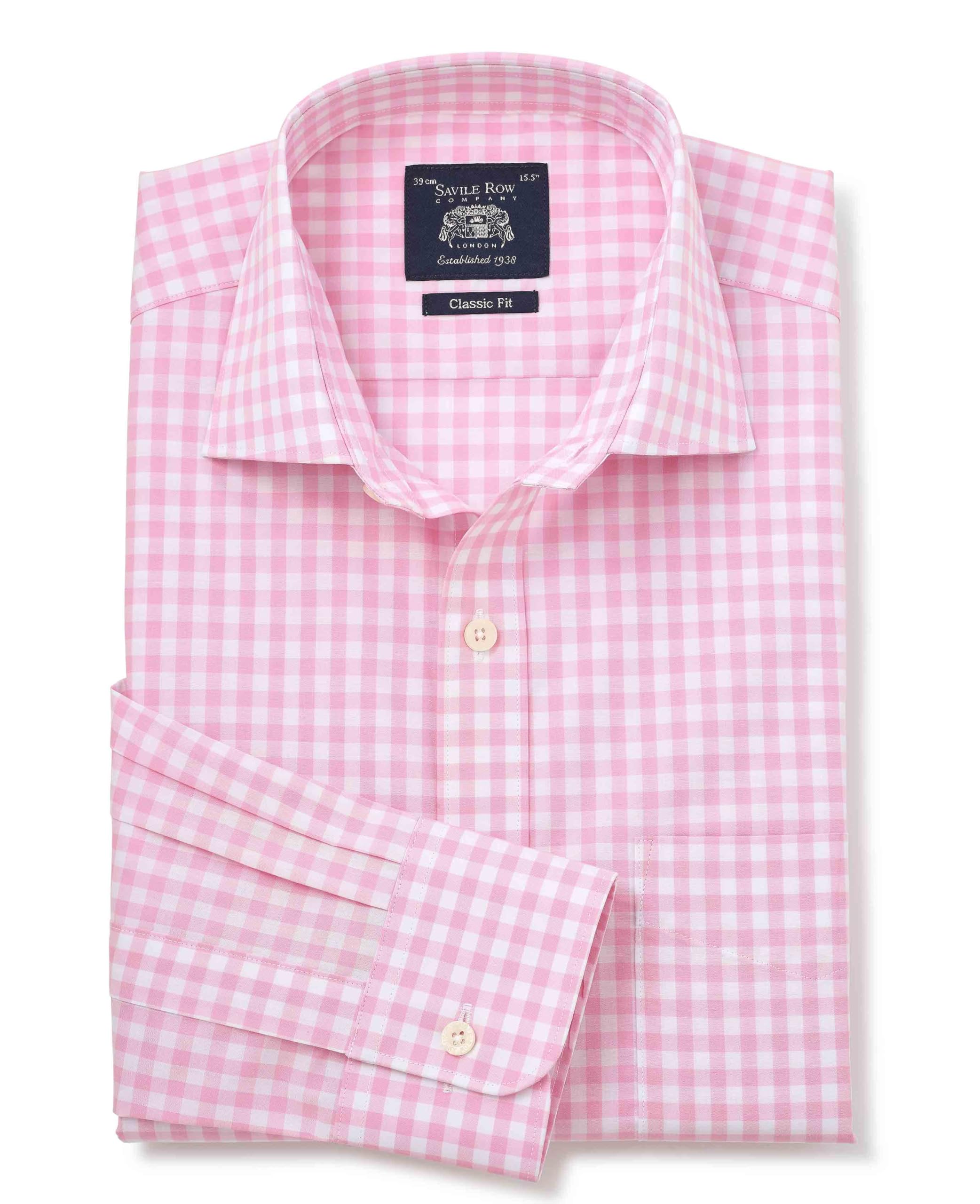 THE SAVILE ROW COMPANY LONDON Men's Classic Fit Cotton Poplin Single Cuff Formal Shirt - Pink White Gingham Check - 16.5" Collar