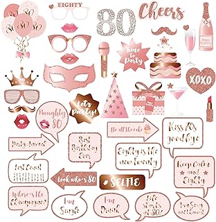 80th Birthday Party Photo Booth Props and Signs, Rose Gold 80 Birthday Party Selfie Props Kit with Sticks for Women,Eighty 80th Happy Birthday Party Decorations Supplies Favors