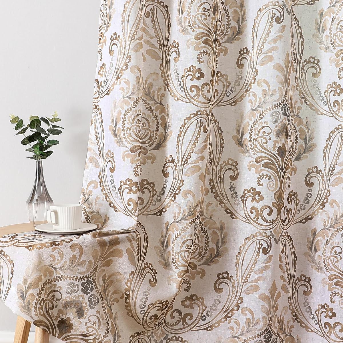 H.VERSAILTEX Linen Textured Sheer Curtains for Living Room 96 Inch Long Vintage Floral Pattern Half Privacy Light Filtering Vertical Drapes,Classical Floral Design 2 Panels Set, Taupe