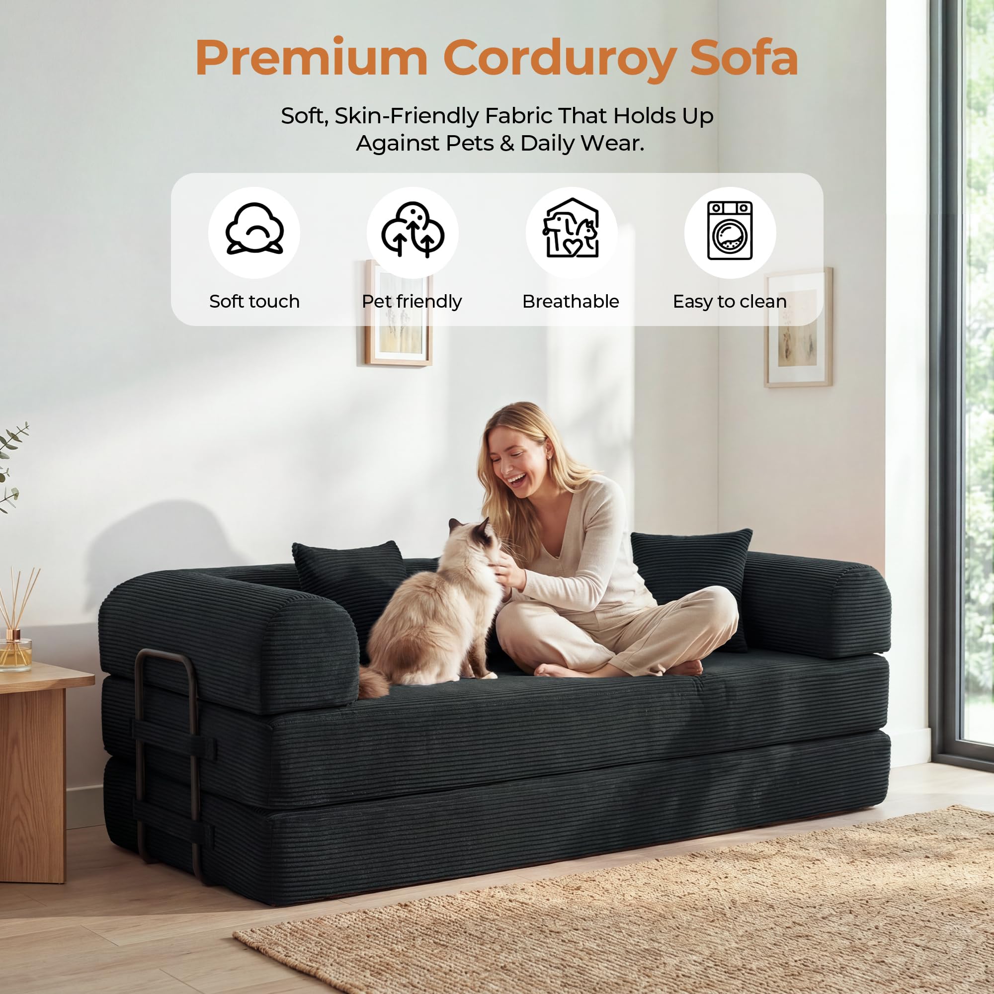 79" Convertible Futon Sofa Bed, Boneless Couch for Living Room | Corduroy Boneless Loveseat Sleeper Sofa, Modular Futon Couch with Fixed-Shape Frame, Pull Out Couch No Assembly | Black