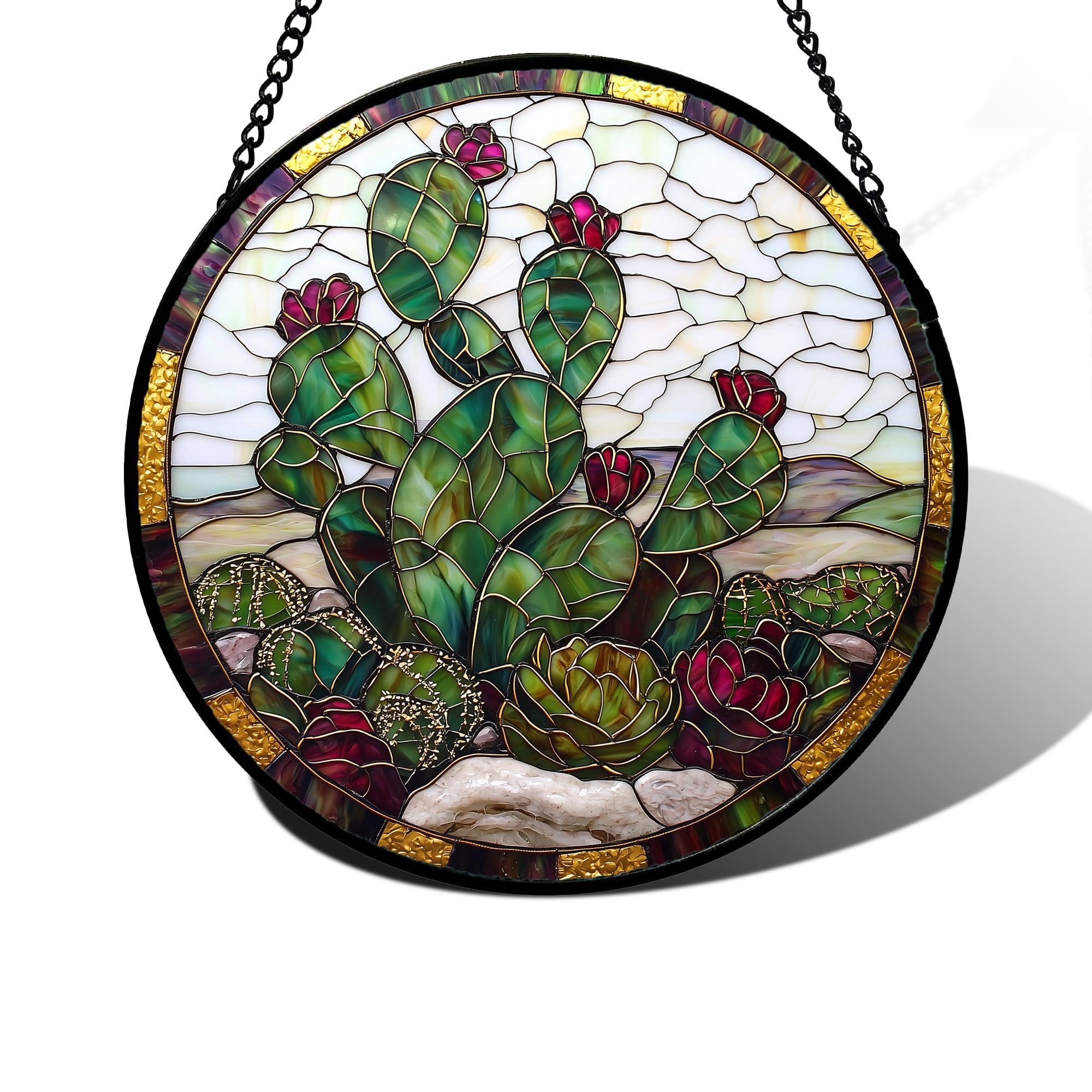 Prickly Pear Cactus Bloom Stained Glass Window Hanging Suncatcher Gift 9.8"