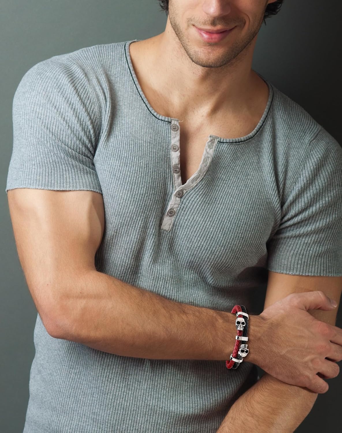 Stainless Steel Double Skull Bracelets - Mens Genuine Leather Punk Skeleton - Cuff Gothic Jewelry - Image 5