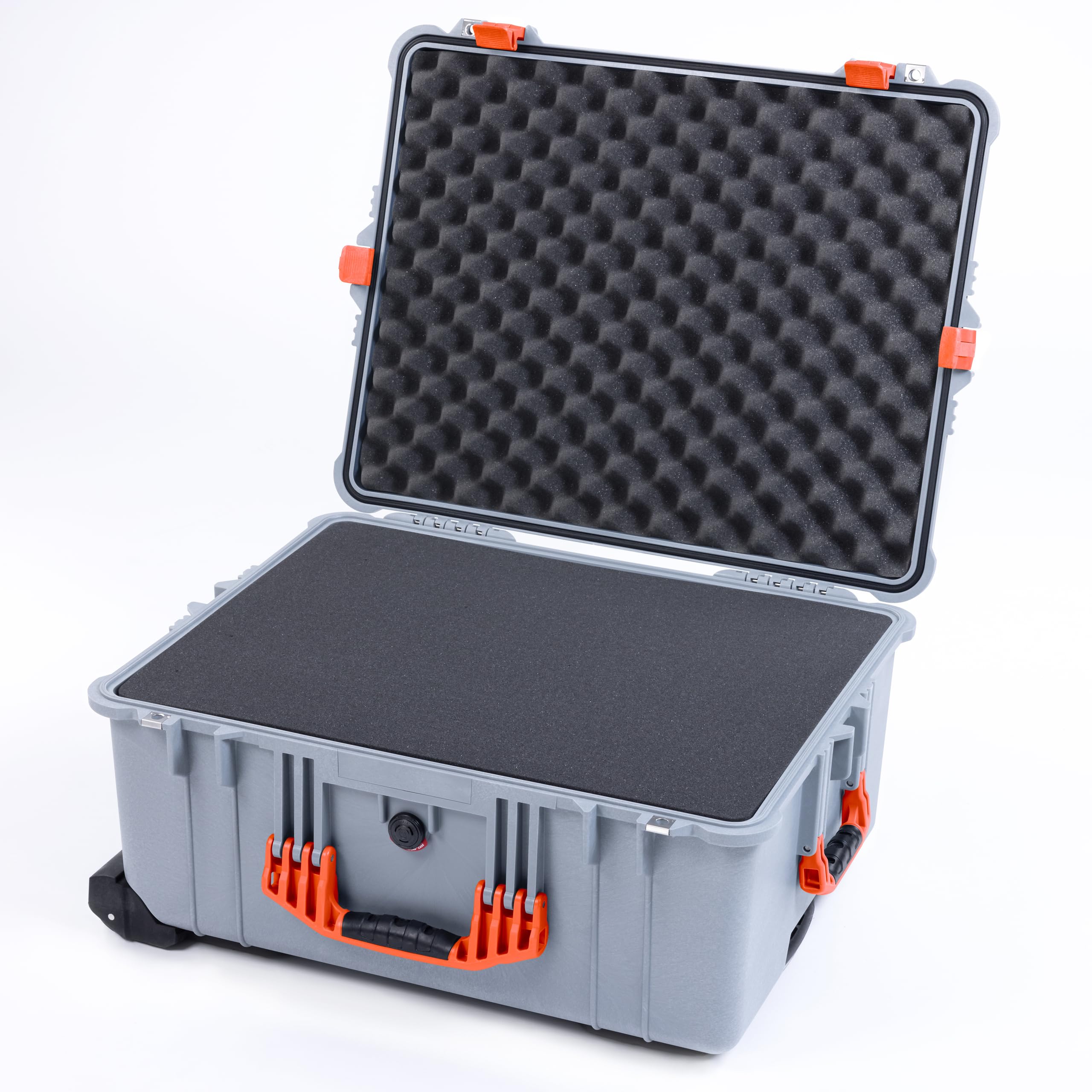 Pelican 1610 Case by ColorCase - Silver - Large Sized Waterproof Case with Pick & Pluck Foam & Convoluted Lid Foam - Orange Handles & Latches