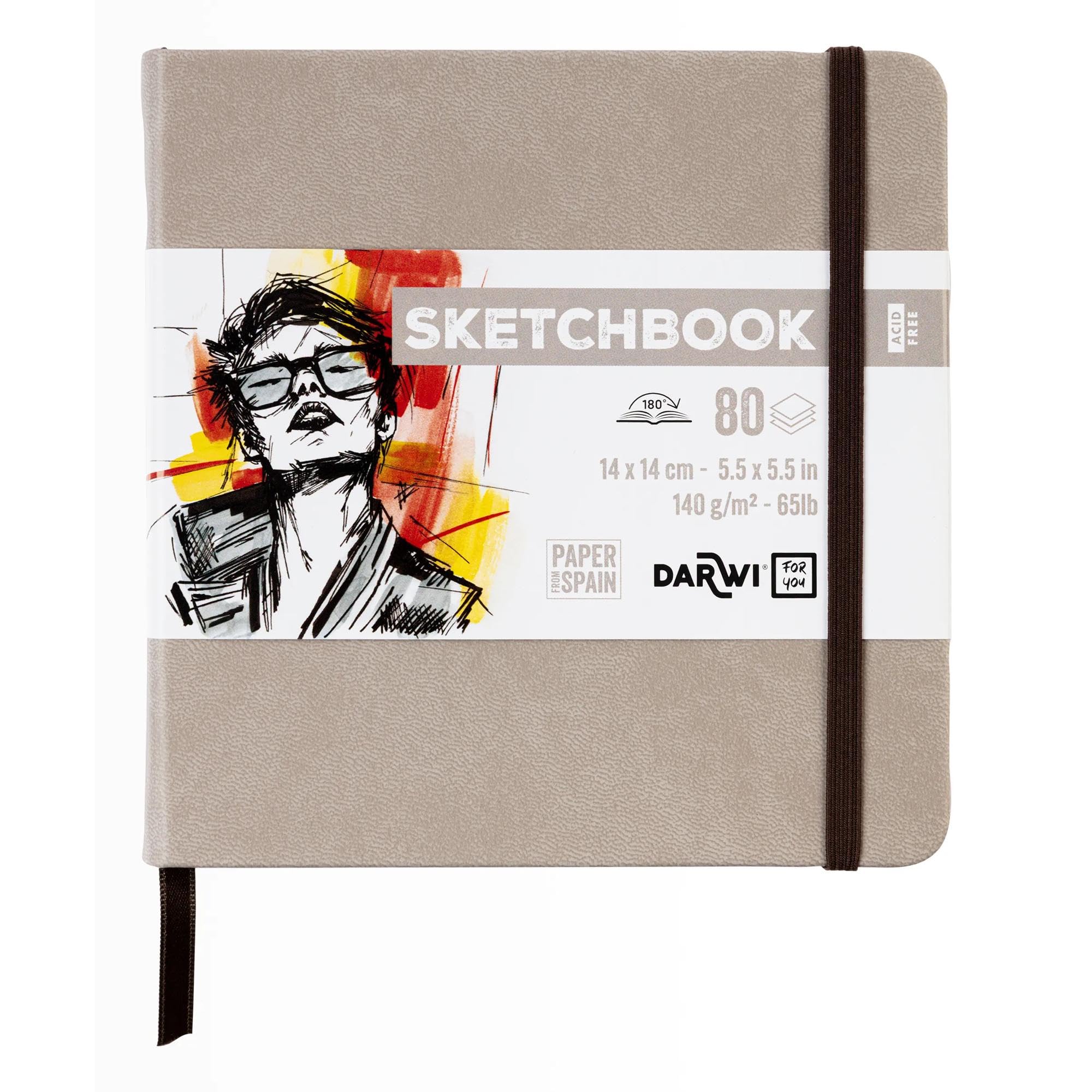 Darwi for You DF80014140004C - Carnet Cousu Sketchbook 14x14 cm 140g - 80 Feuilles Papier Dessin Blanc - Couverture Rigide Taupe