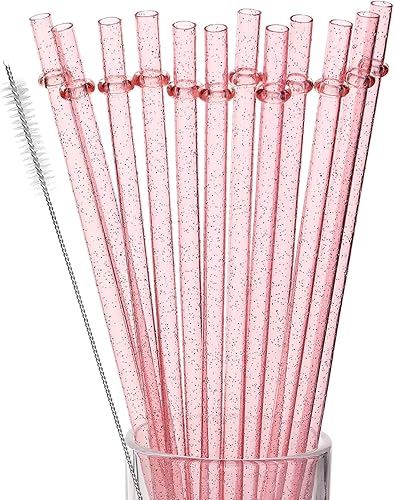 Pajitas de plástico reutilizables, 12 popotes de plástico coloridos, sorbete duro de 11 pulgadas de largo con cepillo de limpieza, color rosa