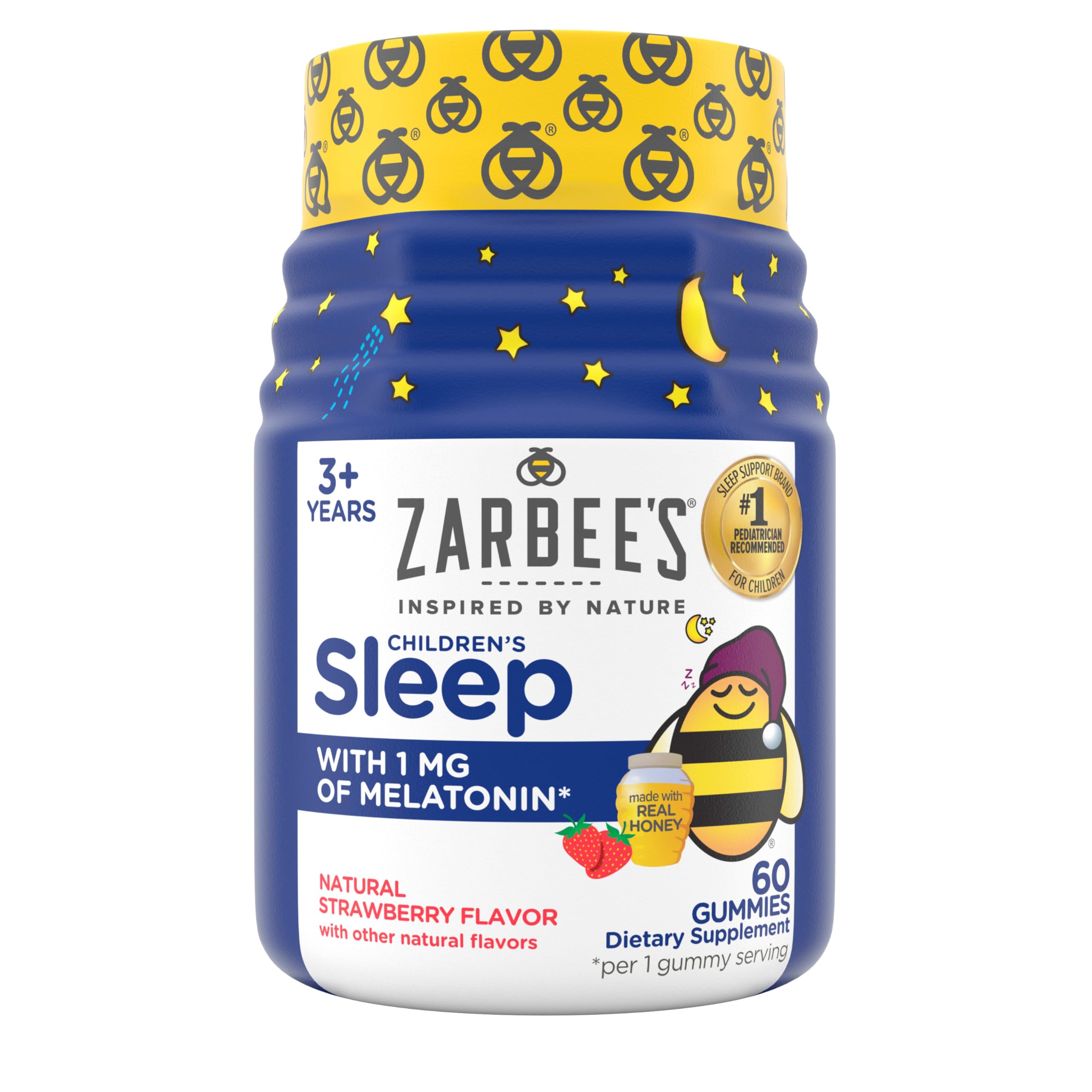 Zarbee's Kids Melatonin Gummies Sleep Supplement, Drug-Free Non-Habit Forming Children Sleep Gummies, Works with Body’s Natural Rest Cycles, Ages 3+, Natural Strawberry, 60 Gummies