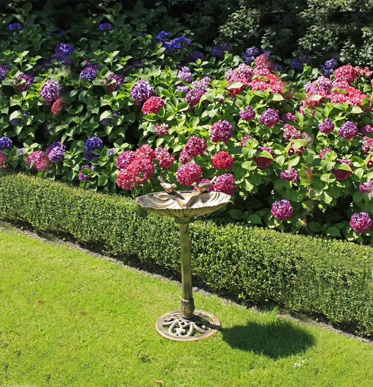 Garten Vogeltränke muschelförmig mit 2 Deko-Vögeln, Vogelbad im Retro-Design, Kunststoff, 3 Heringe für festen Stand, bronzefarben, (BxH) ca. 49 x 79 cm