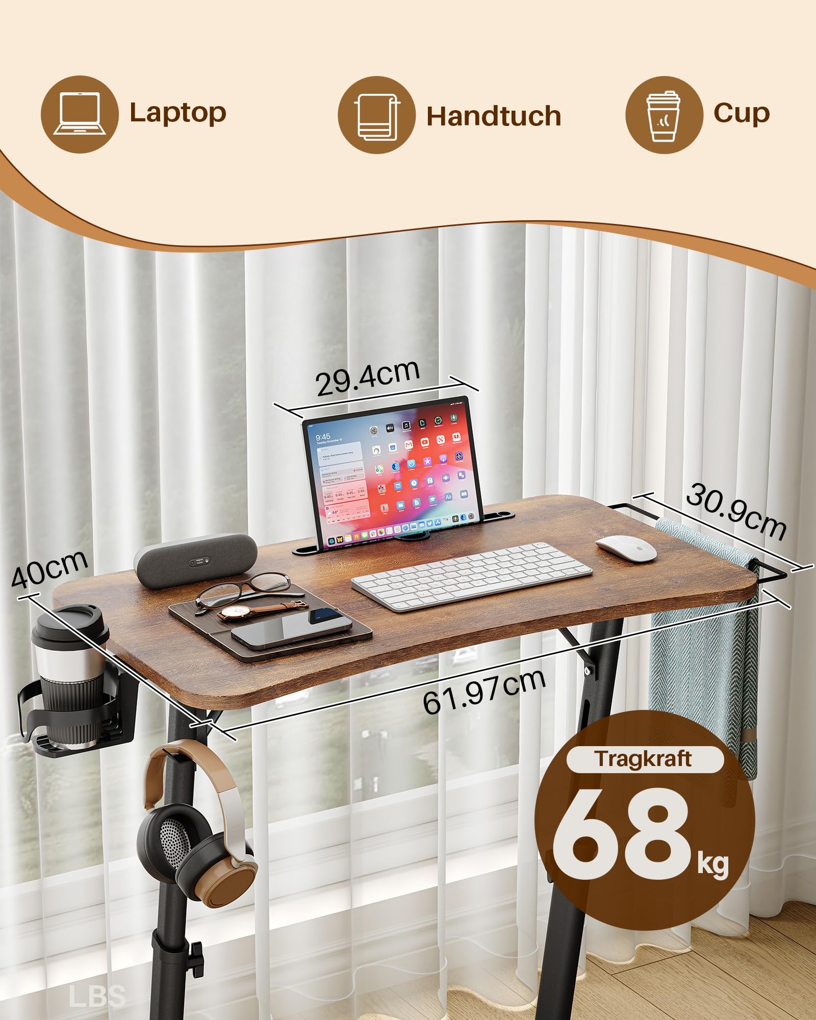 Fahrrad Rollentrainer Tisch mit Höhenverstellung & Rollen,Nachttisch und Laptoptisch,Höhenverstellbarer beistelltisch für Indoor Cycling und laufband mit Getränkehalter & Haken