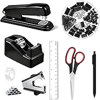 Dimonluce Black Office Desk Accessories Set: Stapler, Tape Dispenser, Staples, Clips, Ruler, Scissors & Pen - Complete Organizer Kit