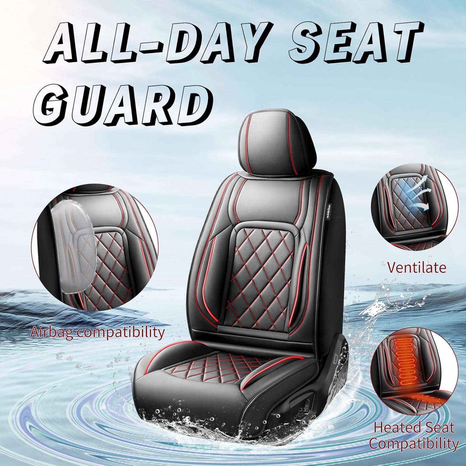 Fit Stelvio Premium Leather Car Seat Covers for Alfa Romeo Stelvio 2018-2024 2025 - Waterproof，Breathable，All-Weather Seat Cushion Protecto & Airbag Compatible, 2 Front Seat Red Line Black