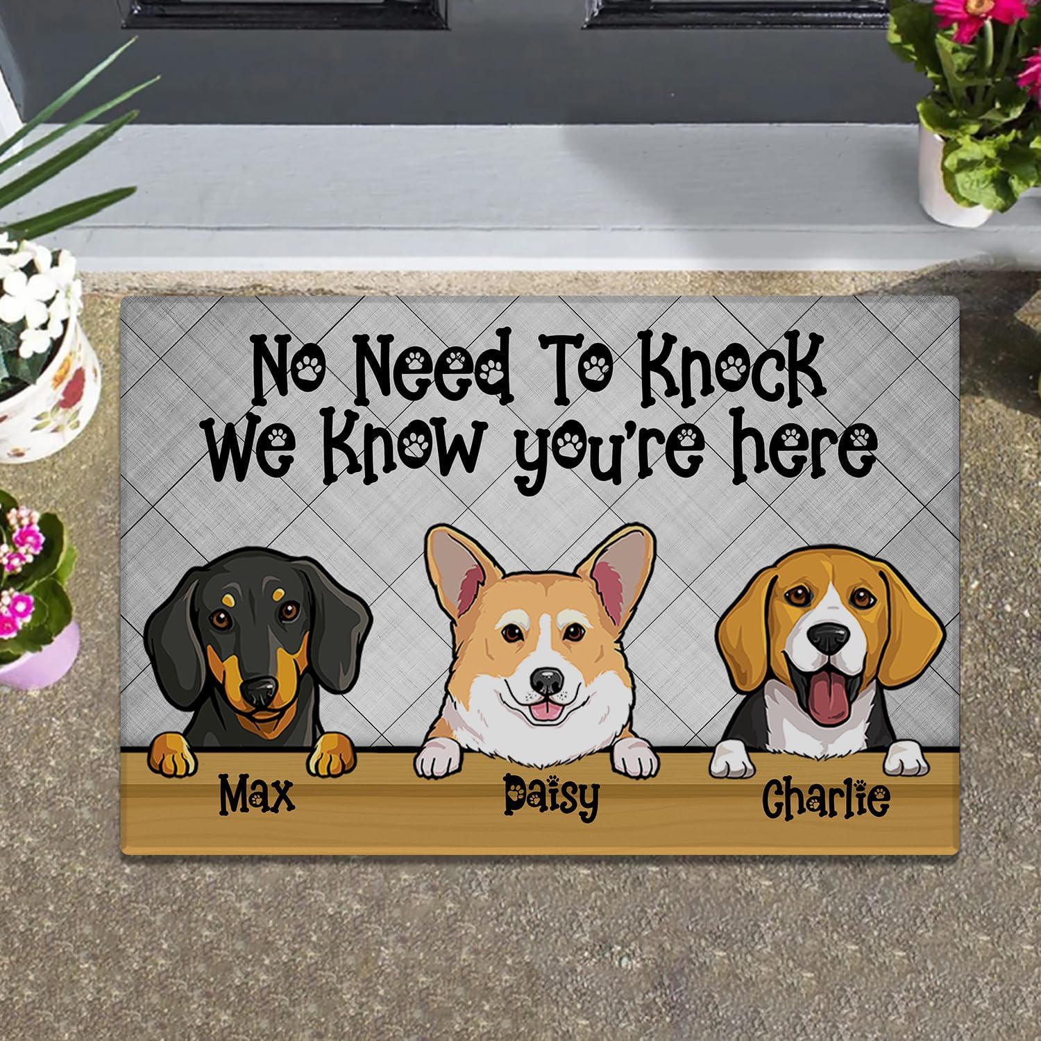 Personalized Welcome Doormat with Custom Dog Names – Cartoon Breed Illustrations – Durable Non-Slip Polyester Outdoor Rug Vibrant Fade-Resistant Colors – Ideal Housewarming Gift Indoor Sheltered Use