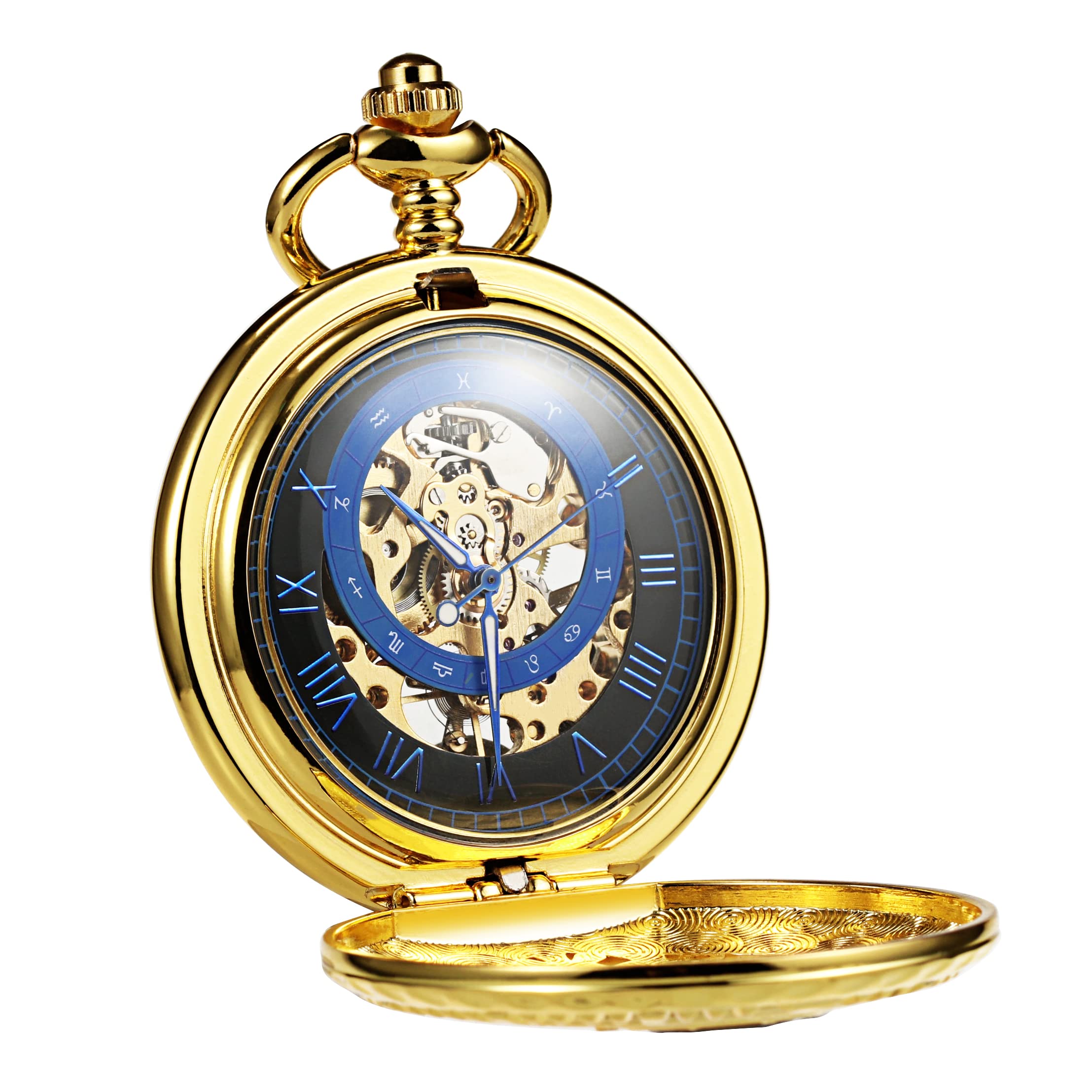 TREEWETO Orologio da tasca meccanico da uomo, sole e luna, scheletro, numeri romani, orologi da tasca con catena da uomo