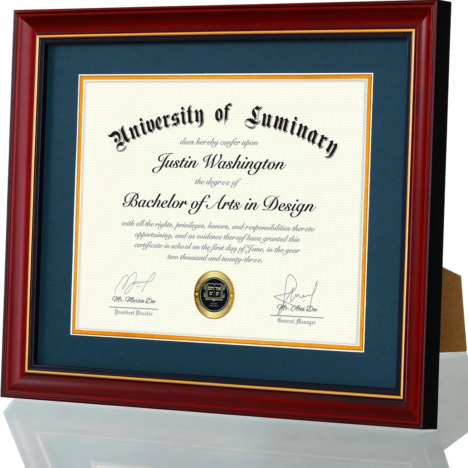 Luminary 11x14 Wood Diploma Frame with 8.5 x 11 Opening Navy Mat for College Degree Certificate Document, Cherry Red Wooden Frame with Tempered Glass Panel for Wall or Tabletop Display