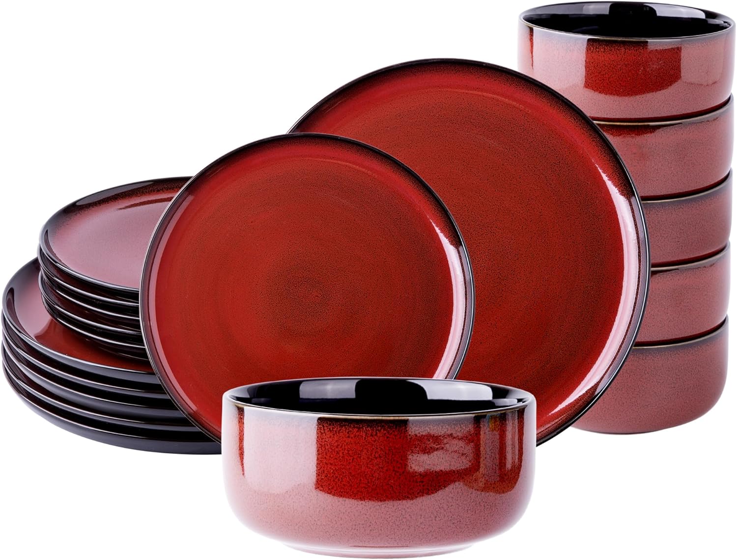 LeRatio Ceramic Dinnerware Sets for 6,Porcelain Plates and Bowls Sets,Handmade Reactive Glaze Dishes Set,Chip Resistant and Scratch Resistant | Oven&Dishwasher & Microwave Safe-Red(18PCS) Service for 6 (18 Pcs) Modern-Orange Red
