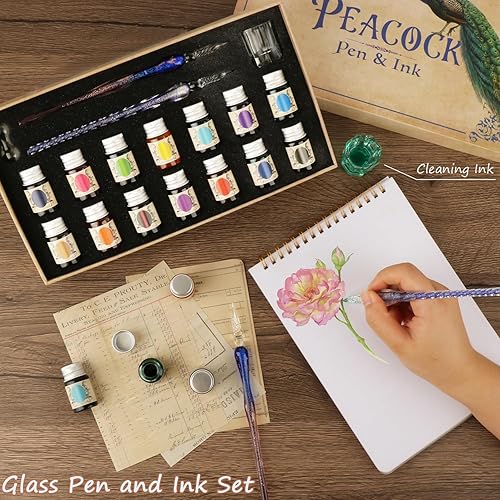 Miniatura 7 de YICMY Bolígrafos de caligrafía de vidrio con 14 tintas de color, kits de caligrafía para principiantes, juego de 18 bolígrafos de vidrio y tinta,