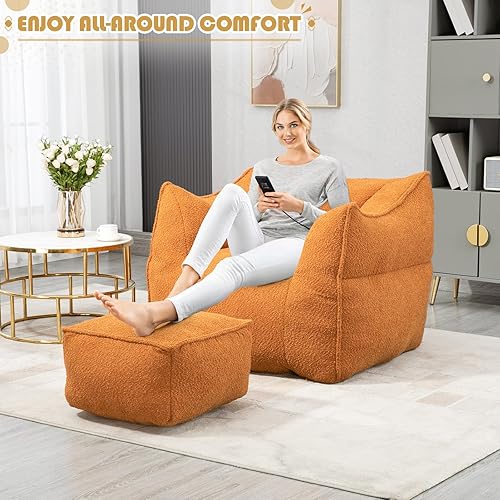 Miniatura 4 de Puf con otomano, cómodo puf Boucle para adultos y niños, sofá perezoso ultra suave para interiores con relleno de esponja viscoelástica, puf moderno