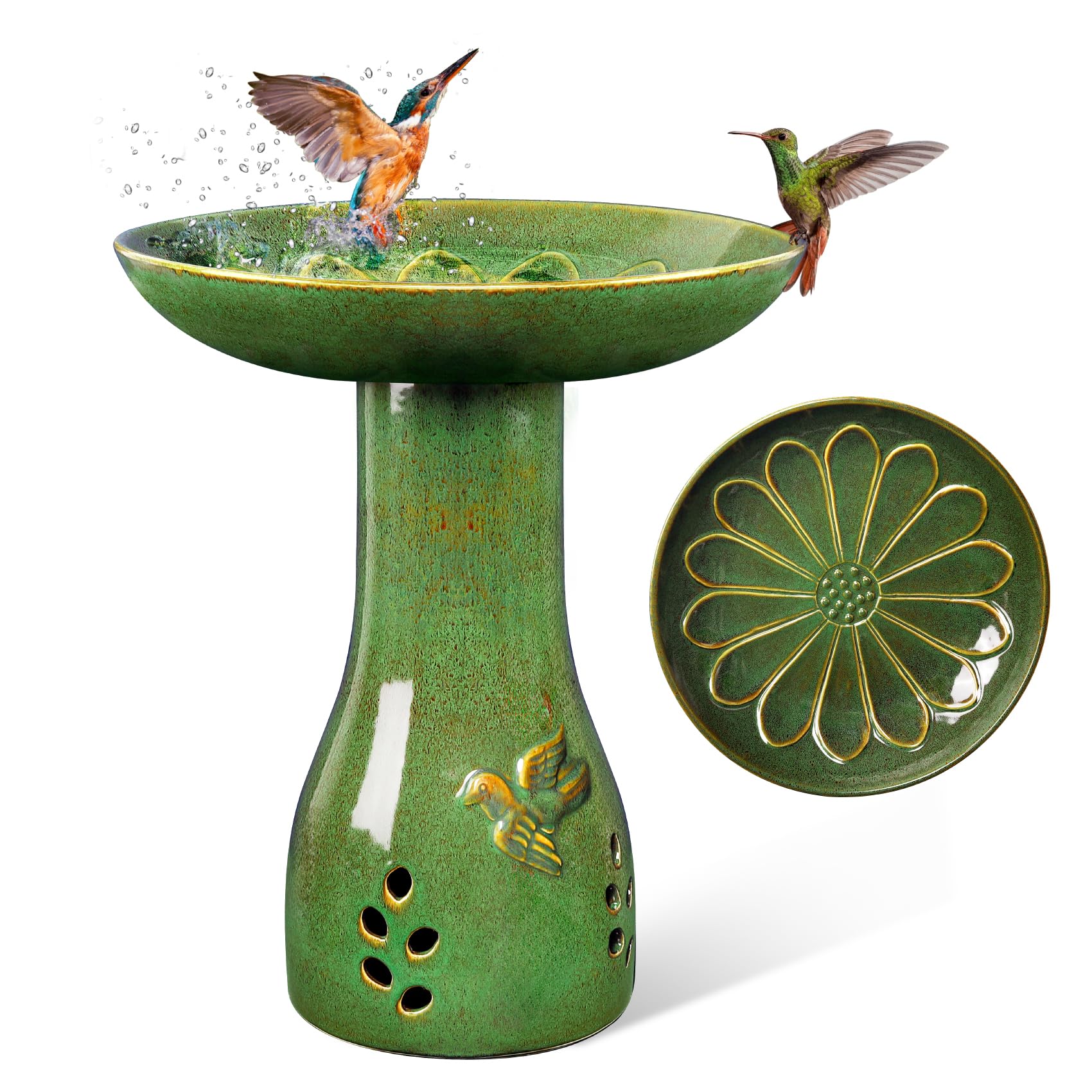 21.5in Ceramic Bird Bath Green Lotus