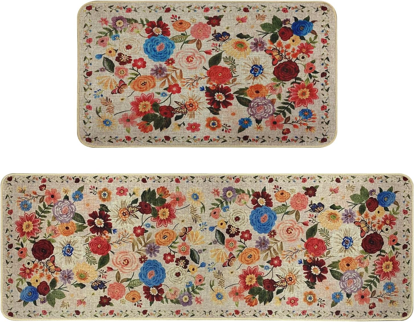 SHIYUE Beige Kitchen Mat Set of 2, Boho Colorful Flower Kitchen Rugs Farmhouse Modern, Non Skid Washable Rubber Runner Rugs, Kitchen Decor Accessories（17x47in+17x30in）