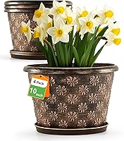 FlowyypoPlantPot 10 Inch Planter Pots 4 Pack - Plastic Flower Pots Indoor Outdoor with Drainage Holes, Saucers & Retro Embossed Design