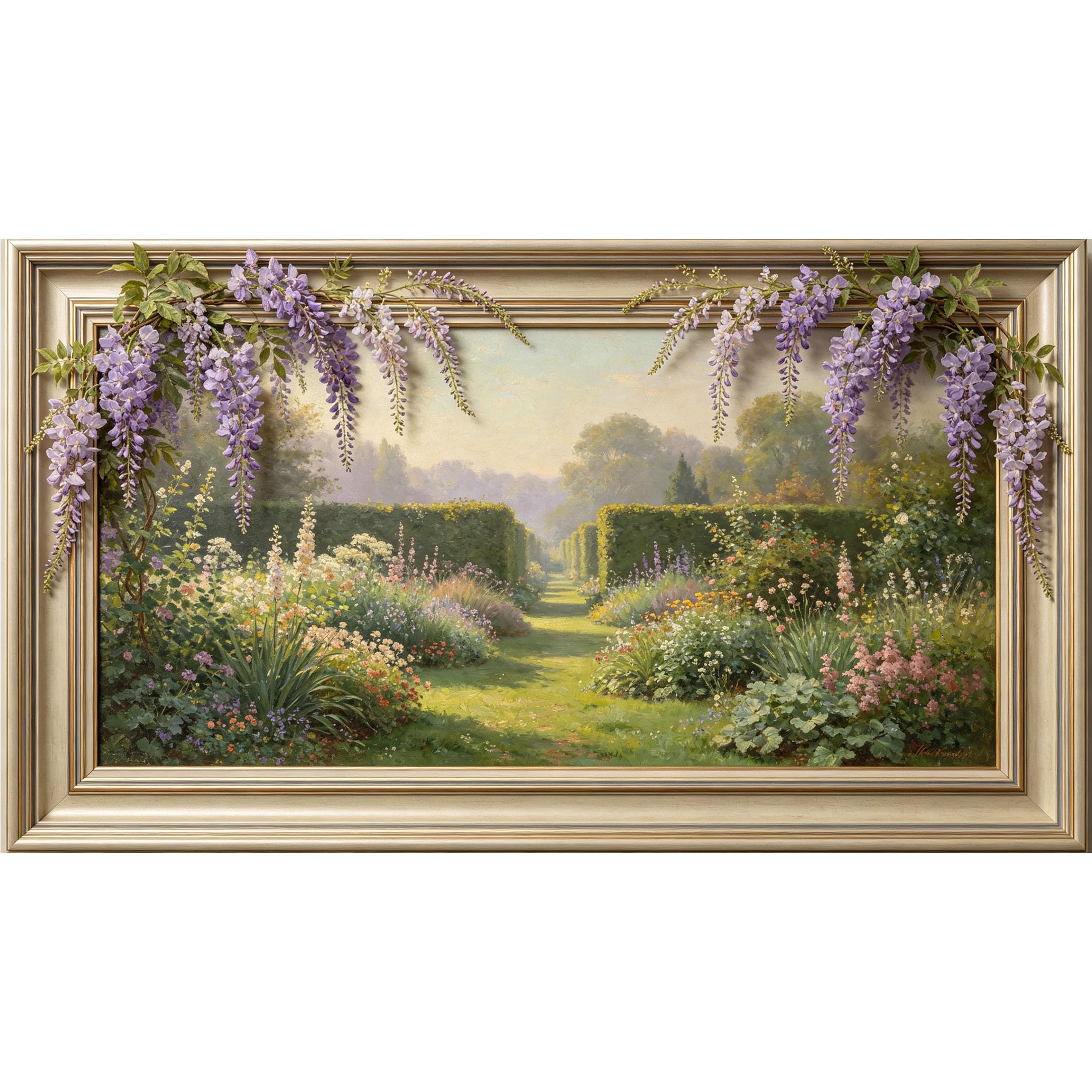 QZLITHOTIC 50x90cm3D Framed Wall Art， Botanical Garden Path Wisteria Bloom Landscape Self‑Adhesive Mural， Water‑Activated Peel & Stick Fabric Decor Wall Decal for Bedroom Living Room