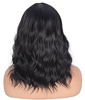 Vista 7 de Pelucas Bob Onduladas Negras Naturales a la Altura del Hombro Para Mujeres Pelucas Cortas Onduladas Con Flequillo Pelucas Sintéticas Onduladas