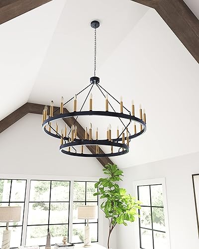 Miniatura 5 de yzzy Candelabro de 36 luces estilo vela de 2 niveles estilo vela colgante de 47 pulgadas, candelabros de hierro forjado para sala de estar, pasillo,