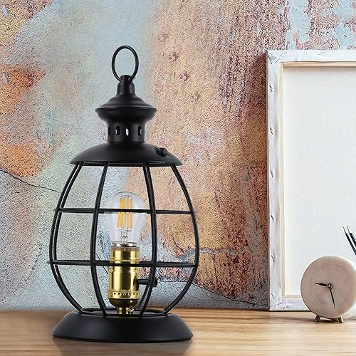 Antique Industrial Electric lantern Table Lamp for Bedroom Bedside, Metal