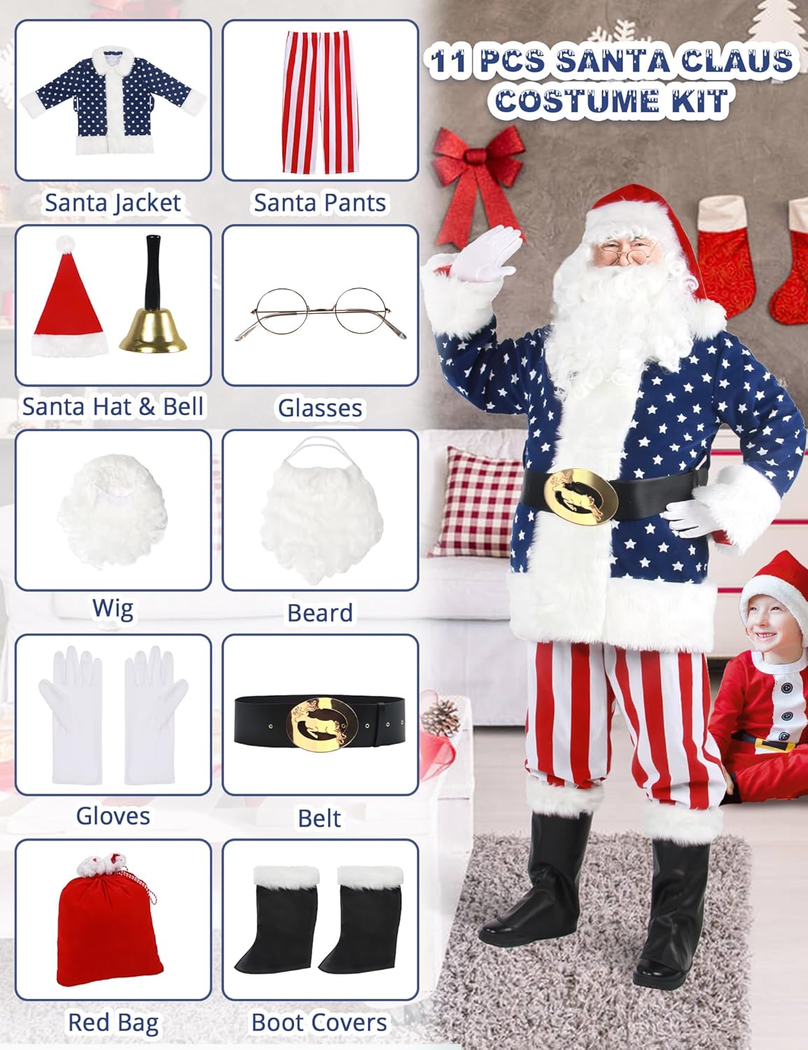 Santa Claus Costume for Men Adult Deluxe Professional Santa Suit 11pcs Red White Blue Adults Christmas Clause Outfit - Image 5