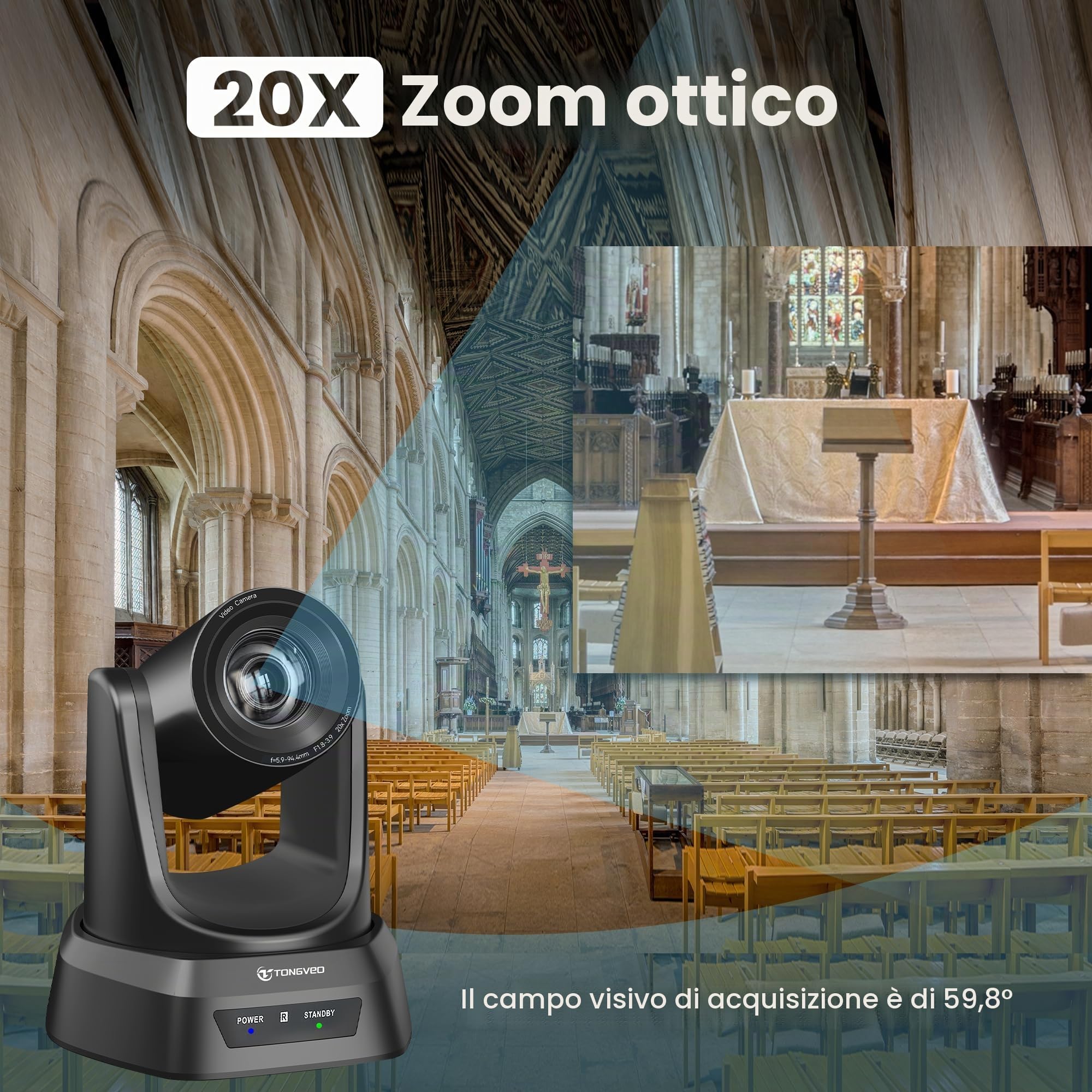 TONGVEO HDMI 20X PTZ Camera per sale conferenze con microfono Bluetooth, videocamera USB 3.0 60fps Collaborazione per l'istruzione Streaming in chiesa per team, Zoom, PC (UVC1.1)