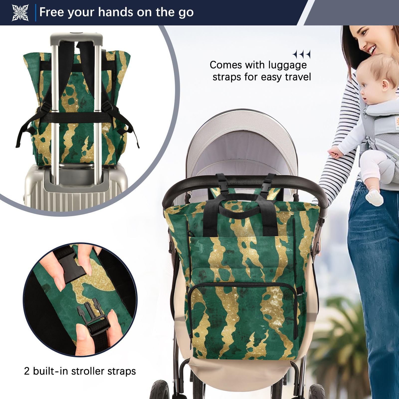 Borsa per pannolini zaino da donna oro ghepardo strisce verde