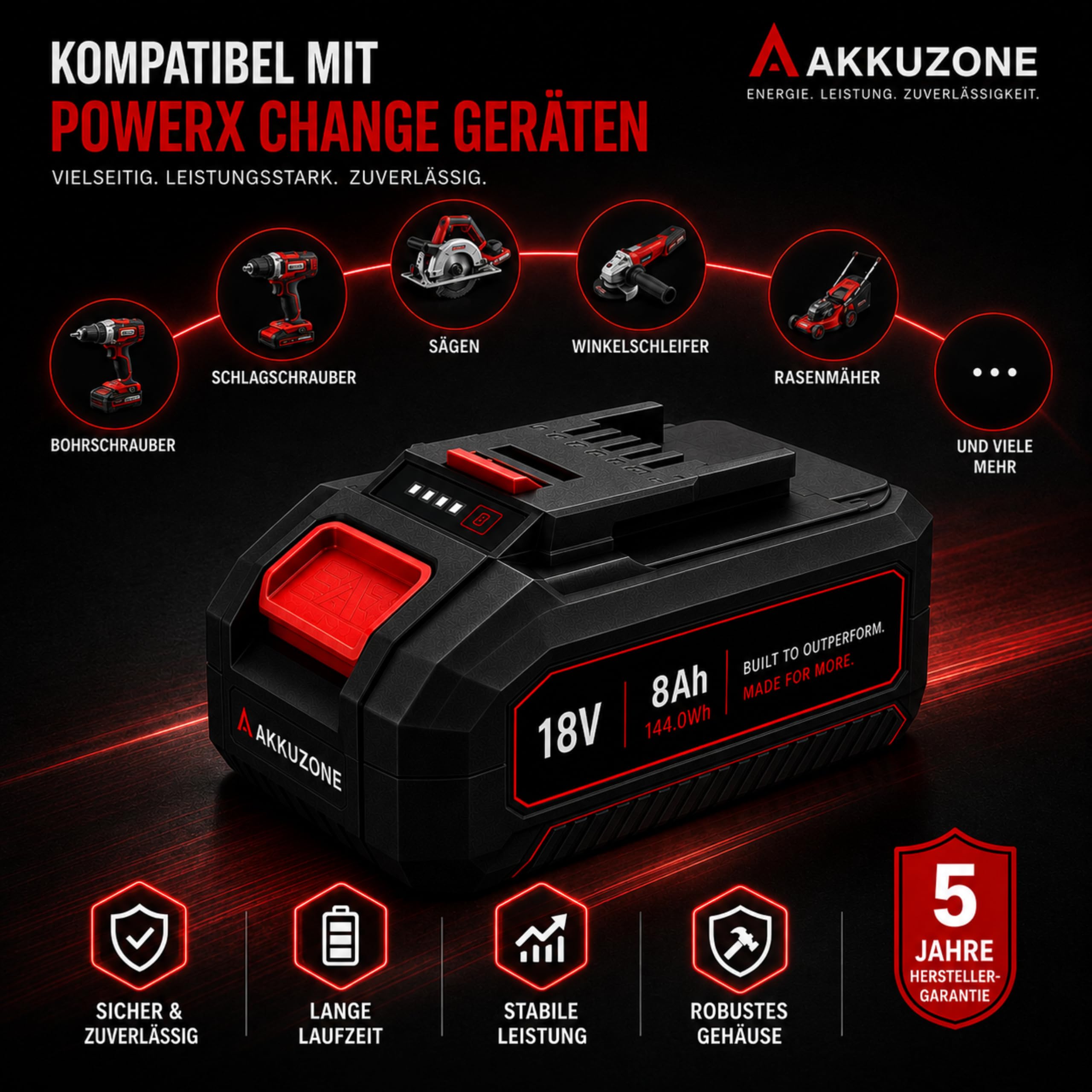 Batteria da 18 V 8,0 Ah compatibile con Einhell Power X-Change, batteria agli ioni di litio ad alte prestazioni con indicatore LED dello stato di carica, batteria di ricambio per utensili elettrici da