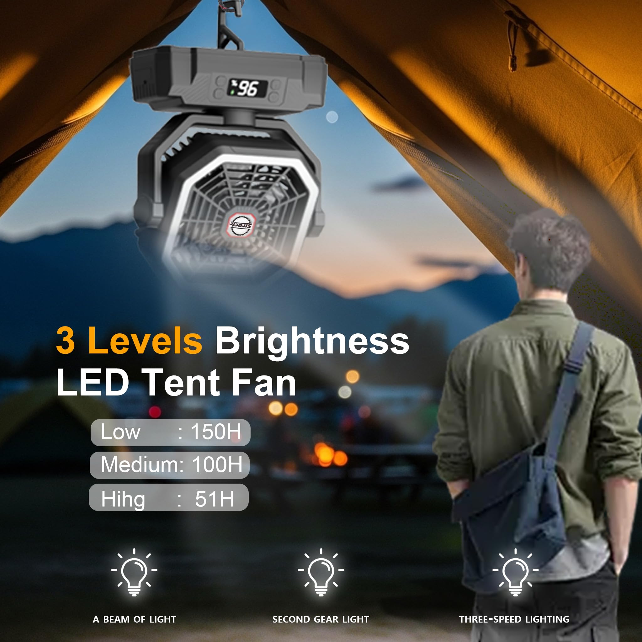 Sireck Ventilatore da campeggio da 40000 mAh, ventilatore personale portatile alimentato a batteria da 25,4 cm, con telecomando, lanterna LED, 5 velocità, timer, display digitale, ventilatore da