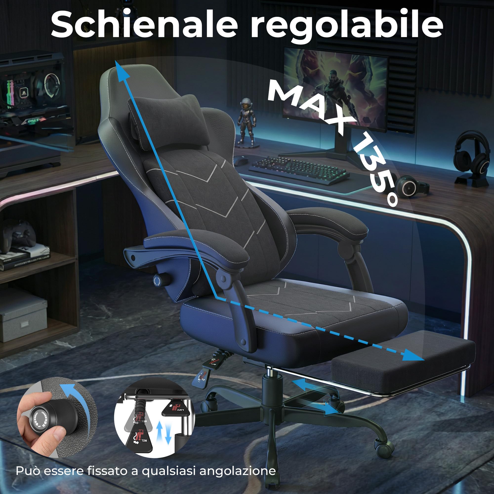 Devoko Sedia girevole per videogiochi con supporto lombare, poltrona ergonomica con molle + cuscino in schiuma ad alta densità, schienale reclinabile a 135°, altezza regolabile 10 cm, braccioli