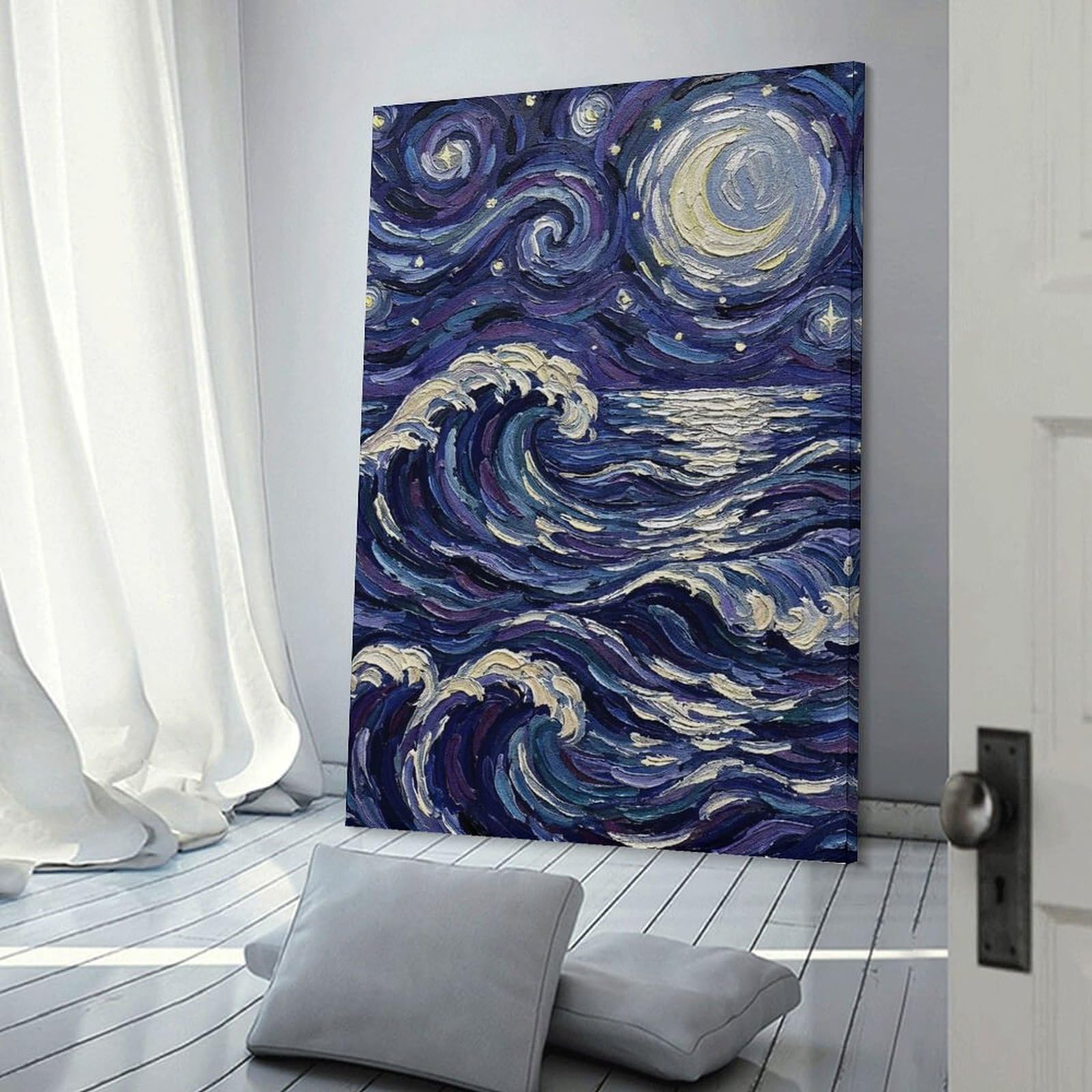 Junmoney Starry Night Ocean Waves Painting Wall Art Print, 16x24inch(40x60cm), for Study, Office Or Focused Interiors, Home Office Artwork with Decorative Appeal