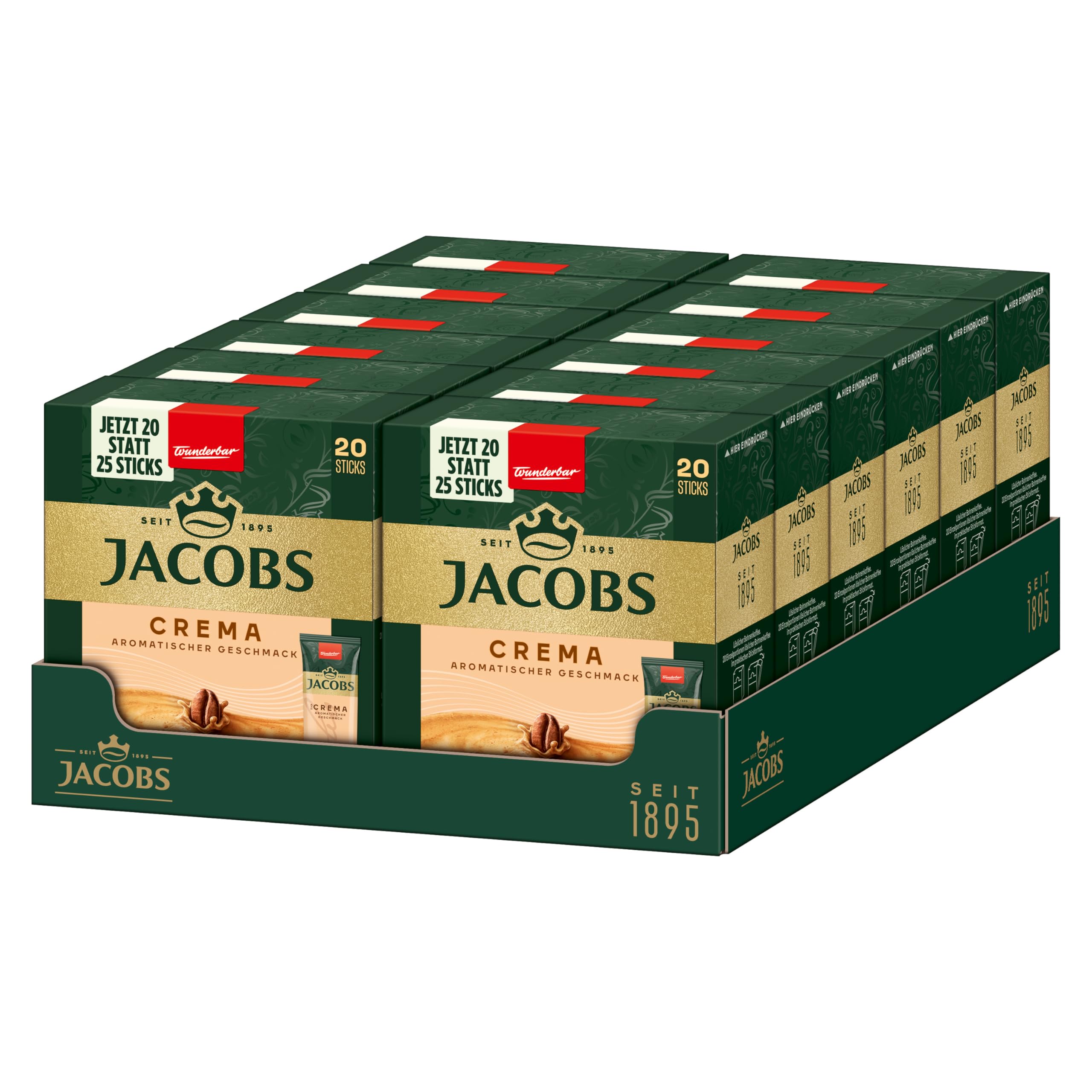 Jacobs Café Crema löslicher Bohnenkaffee als Stick, Instant Kaffee, 12 x 20 Einzelportionen à 1,8 g, für 240 Getränke