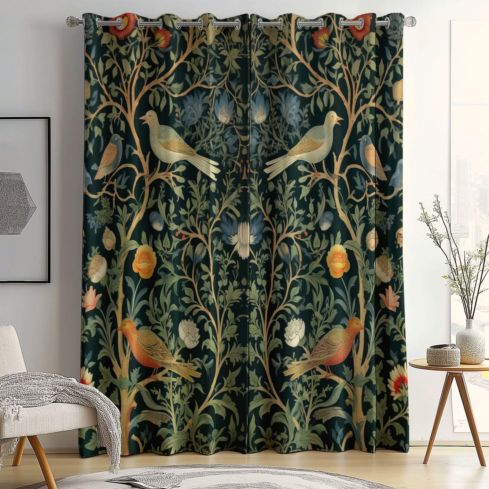 William Morris Fleurs Oiseaux Rideaux à Oeillets 70x240 cm 2 Panneaux Isolant Opaque Vert Foncé Porte-Fenêtre