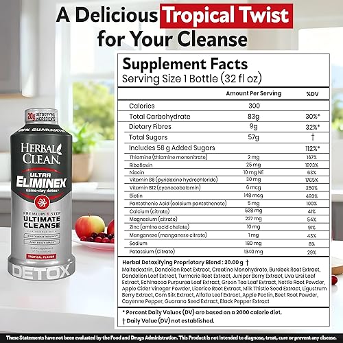 Miniatura 3 de Herbal Clean Bebida de limpieza desintoxicante Ultra Eliminex para el mismo día (32 onzas líquidas), sabor a frutas tropicales, limpieza de cuerpo