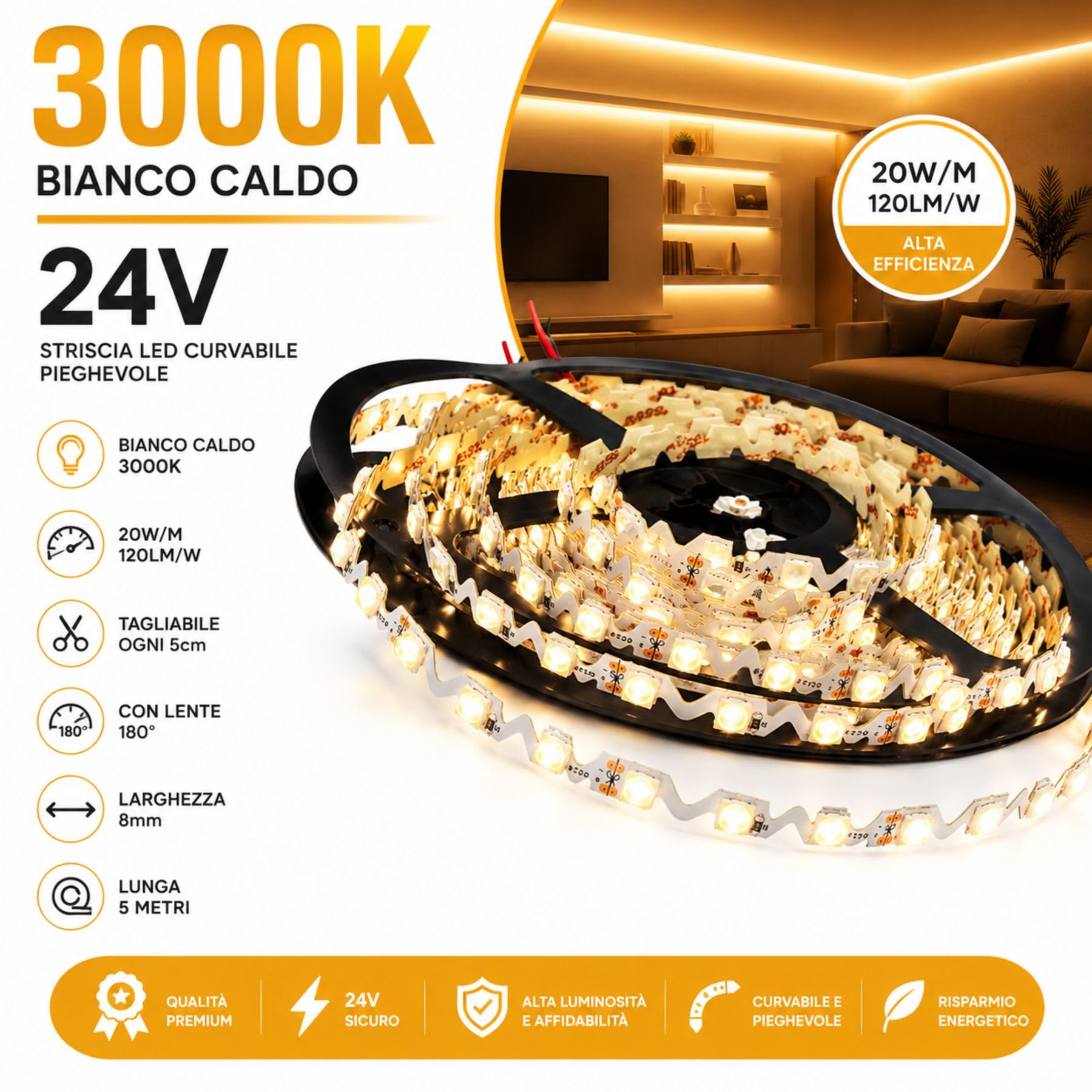A2ZWORLD Taśma LED 24 V gięta, ciepła biel 3000 K, 20 W/M 120 lM/W, do kasety reklamowej bez cienia, możliwość przycięcia co 5 cm, z soczewką 180°, szerokość 8 mm, długość 5 metrów