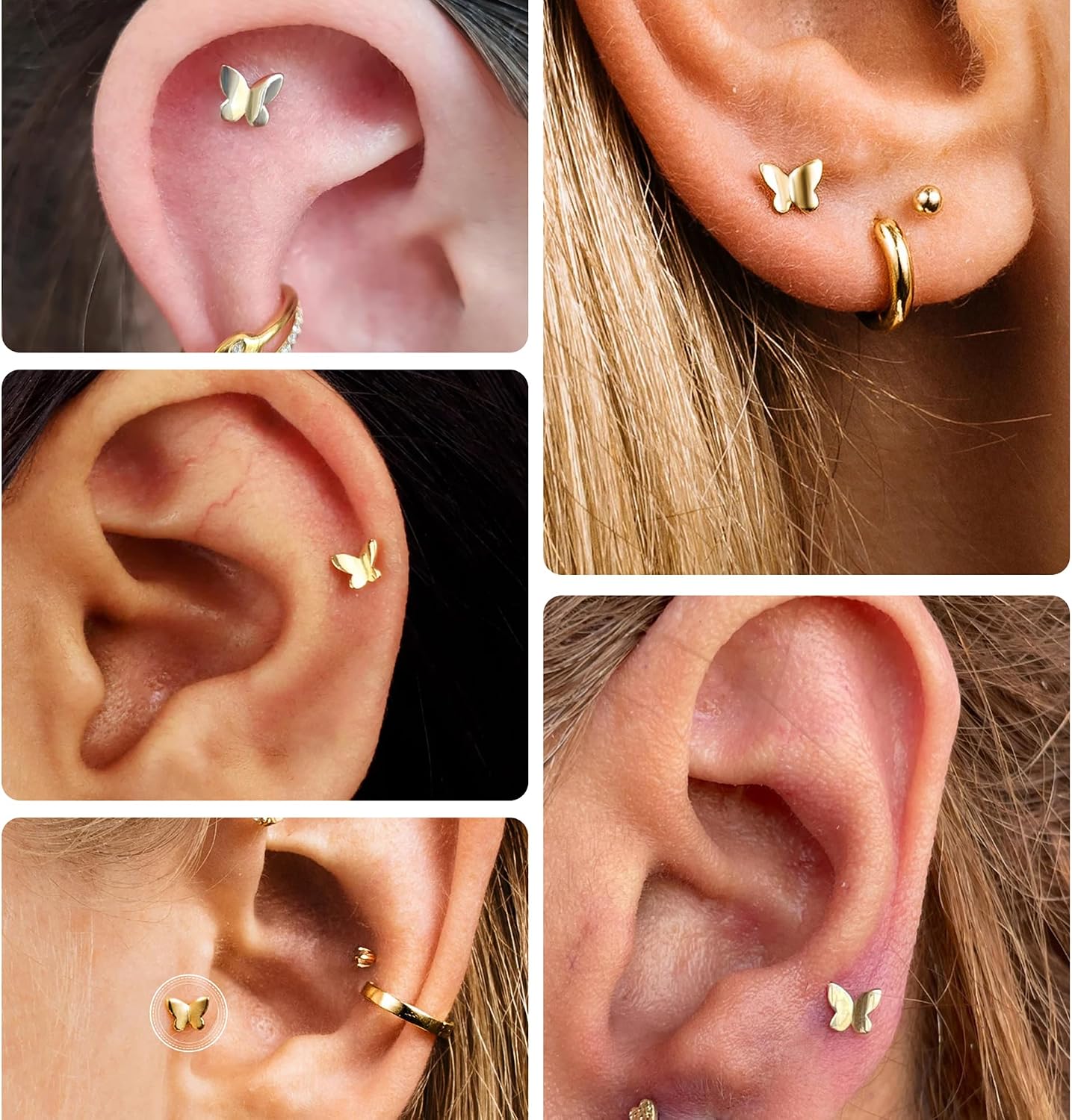 Jewseen 9K Real Solid Yellow Gold Butterfly Stud Earring Flat Back Internal Threaded 16G 8mm Gorgeous Fine Piercing Jewelry for Auricular Cartilage Helix Tragus Lobe Lip