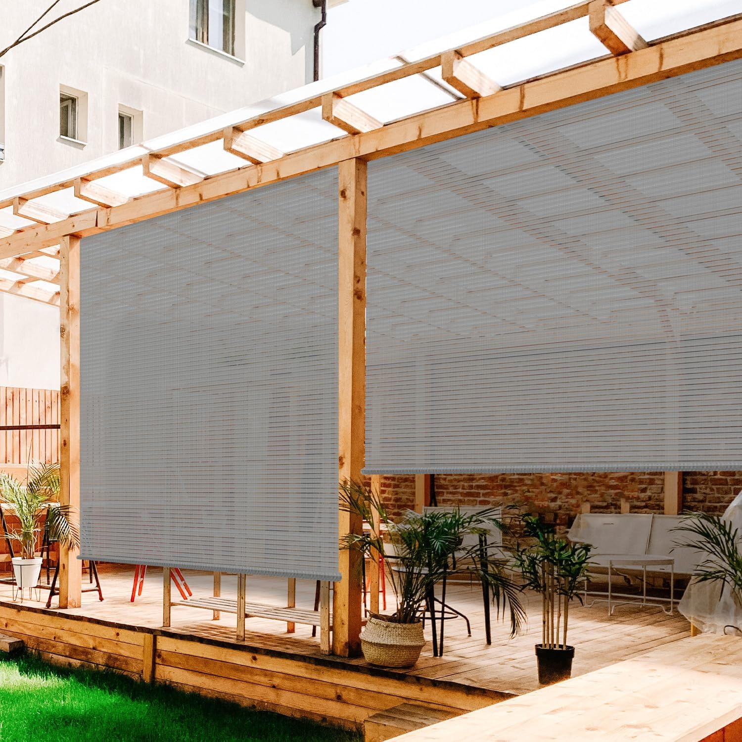 Outdoor Roller Shades Window Blinds for Porch Screen Deck Pergola Patio Balcony Gazebo Privacy Sunshade Roll Up Outdoor 5'W x 6'H Standard Size Light Grey Hollow Out