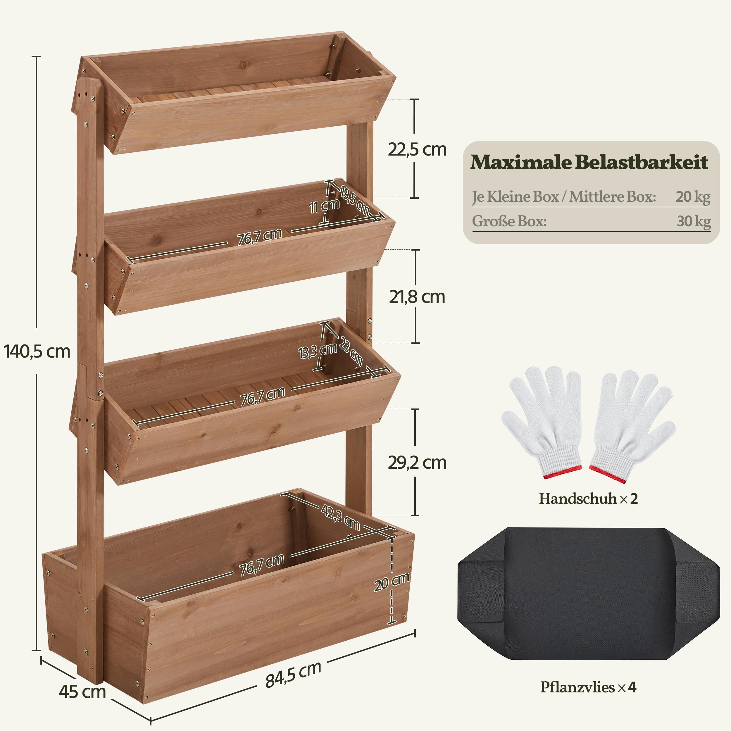 Yaheetech Pionowa podwyższona grządka z 4 poziomami, 84,5 x 45 x 140,5 cm, z otworami drenażowymi i włókniną do roślin, drewno jodłowe, odporne na warunki atmosferyczne, inspekt, grządka ogrodowa