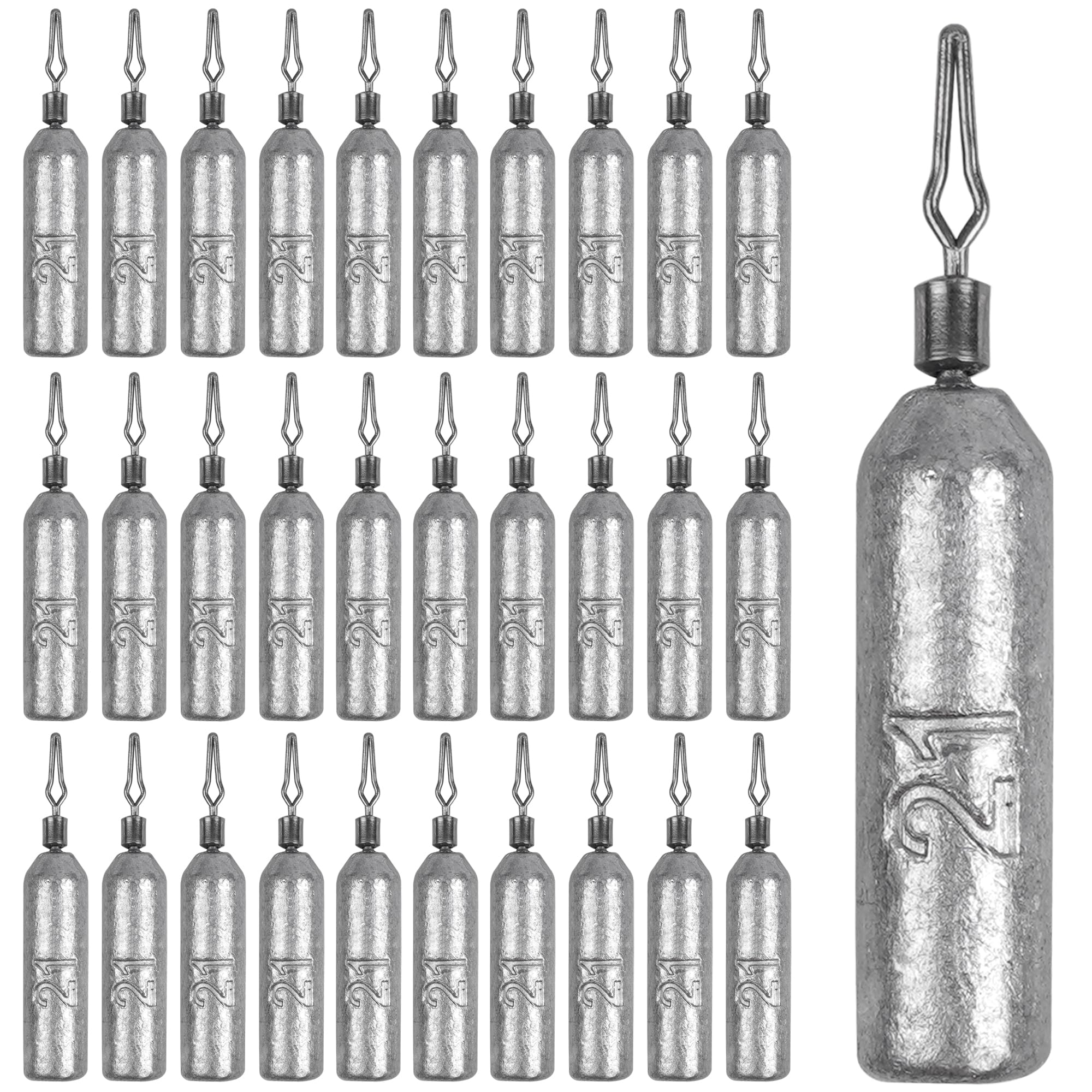 Paquete de 30 plomos de pesca con pivotes rodantes, plomos delgados, con forma de lápiz, peso de deriva, bajo derecho, cilindro extraíble para pesca de gato (20 g, 30 unidades)