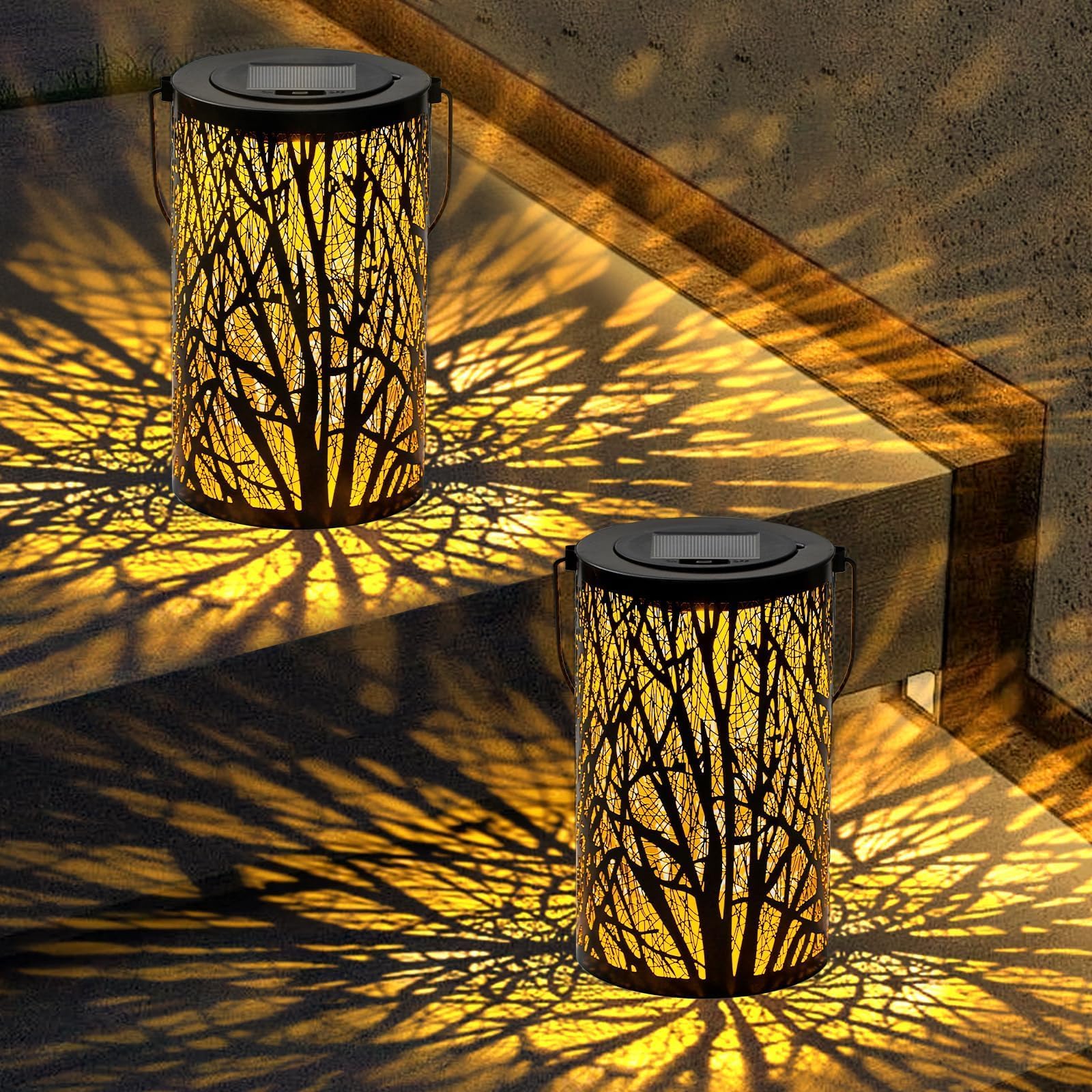 SyouHome Solar Lanterns Outdoor Waterproof, 2 Pack Tree Solar Garden Lights, LED Hanging Lantern for Metal, Outdoor Lantern for Patio Porch Pathway Gardening Gifts