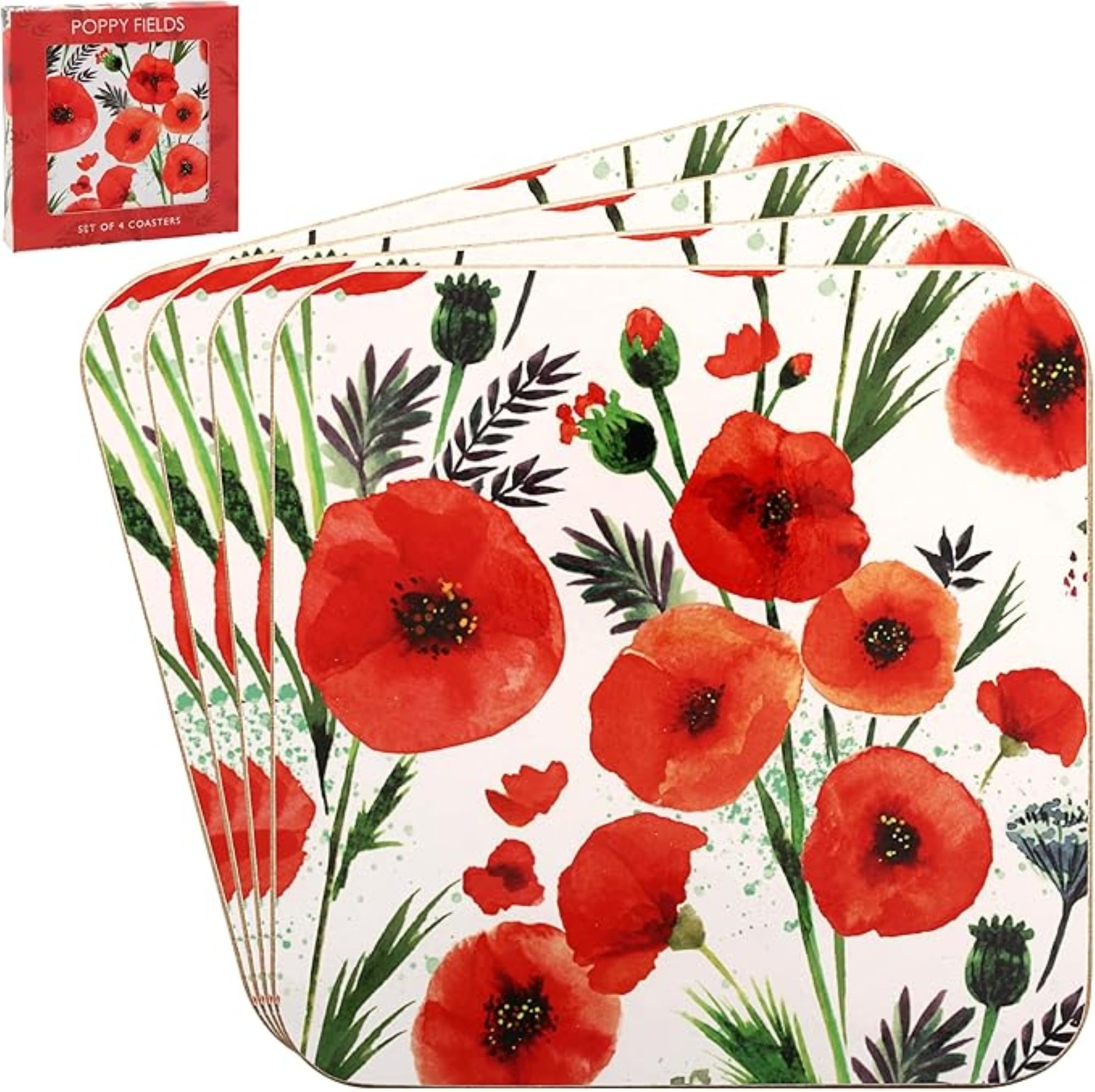 The Leonardo Collection Finola Stack Poppy Coasters Set of 4 For Office Home & Kitchen | Lovely Coaster Set For Decorative Home Accessories Drinks Coasters For Tea & Coffee