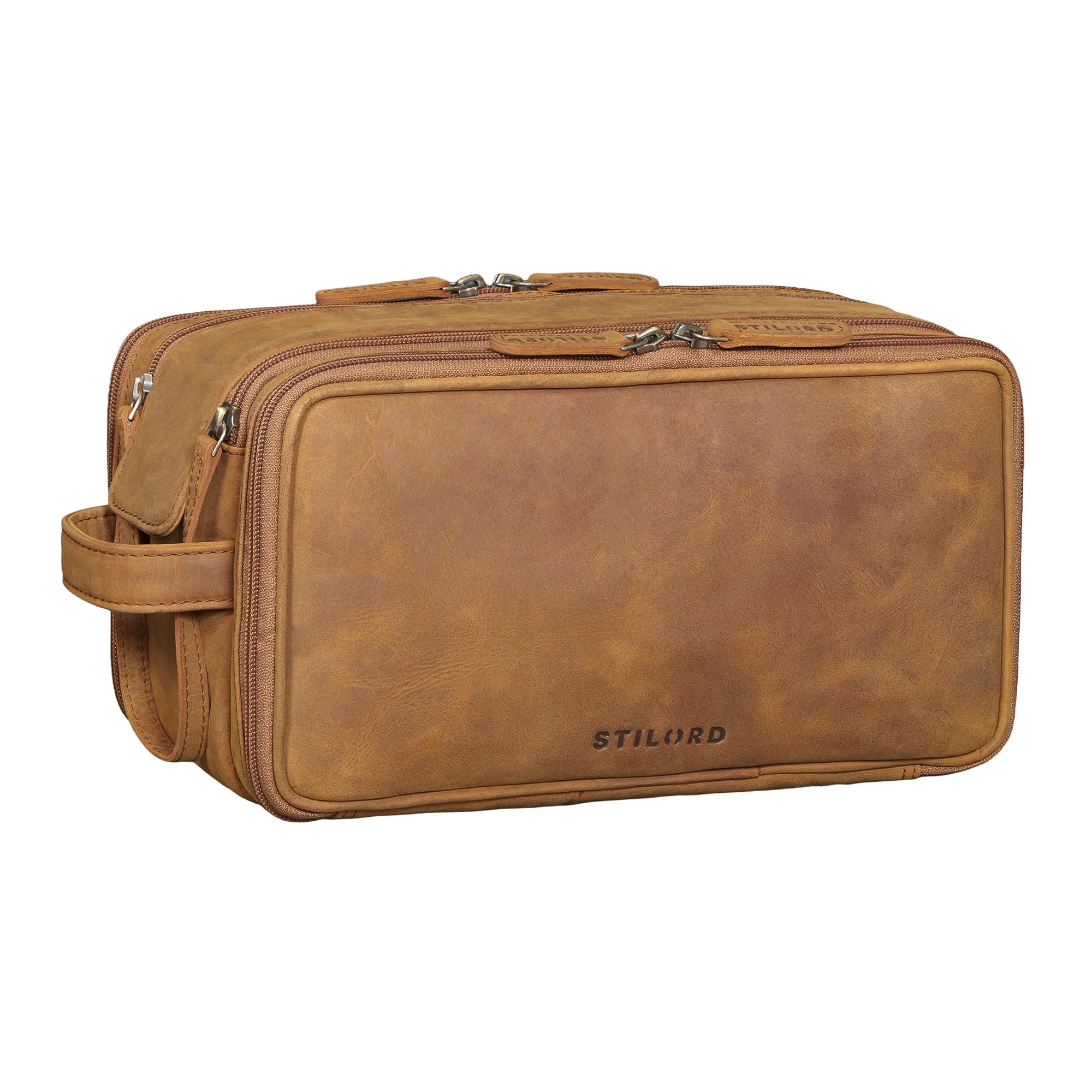 STILORD "Barlow" Beauty Case Uomo Donna Pelle Vera Grande Trousse da Viaggio con Gancio Appendibile 6 Elastici Beauty Case Viaggio Vintage Organizer Pelle Vera Uomo Colore:tan marrone - scuro