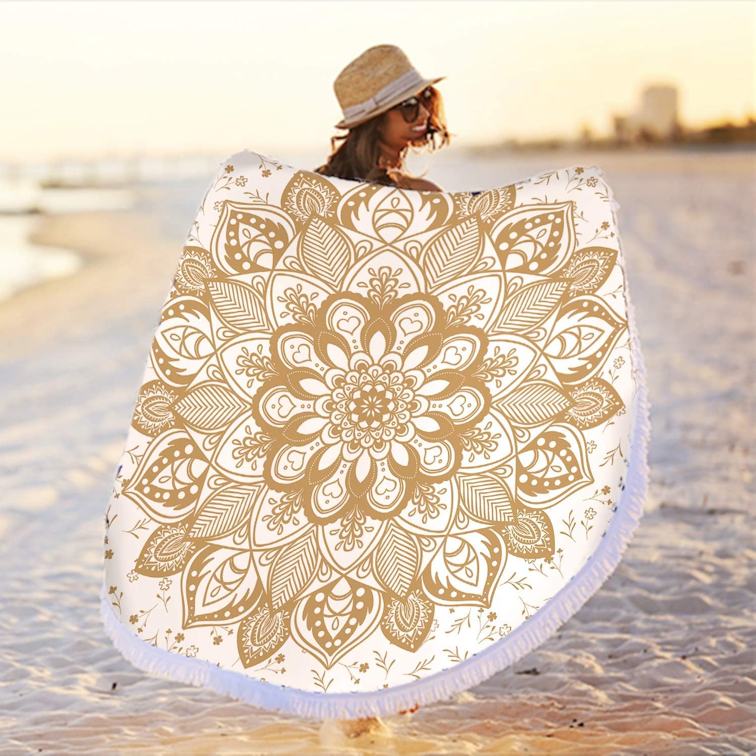 Oversized Round Gold Yellow Mandala Beach Towel Blanket, Microfiber Soft Sand Free Large Water Absorbent Beach Blanket for Women Circle Swim Pool Towel Meditation Table Rug with Tassels 60 inch